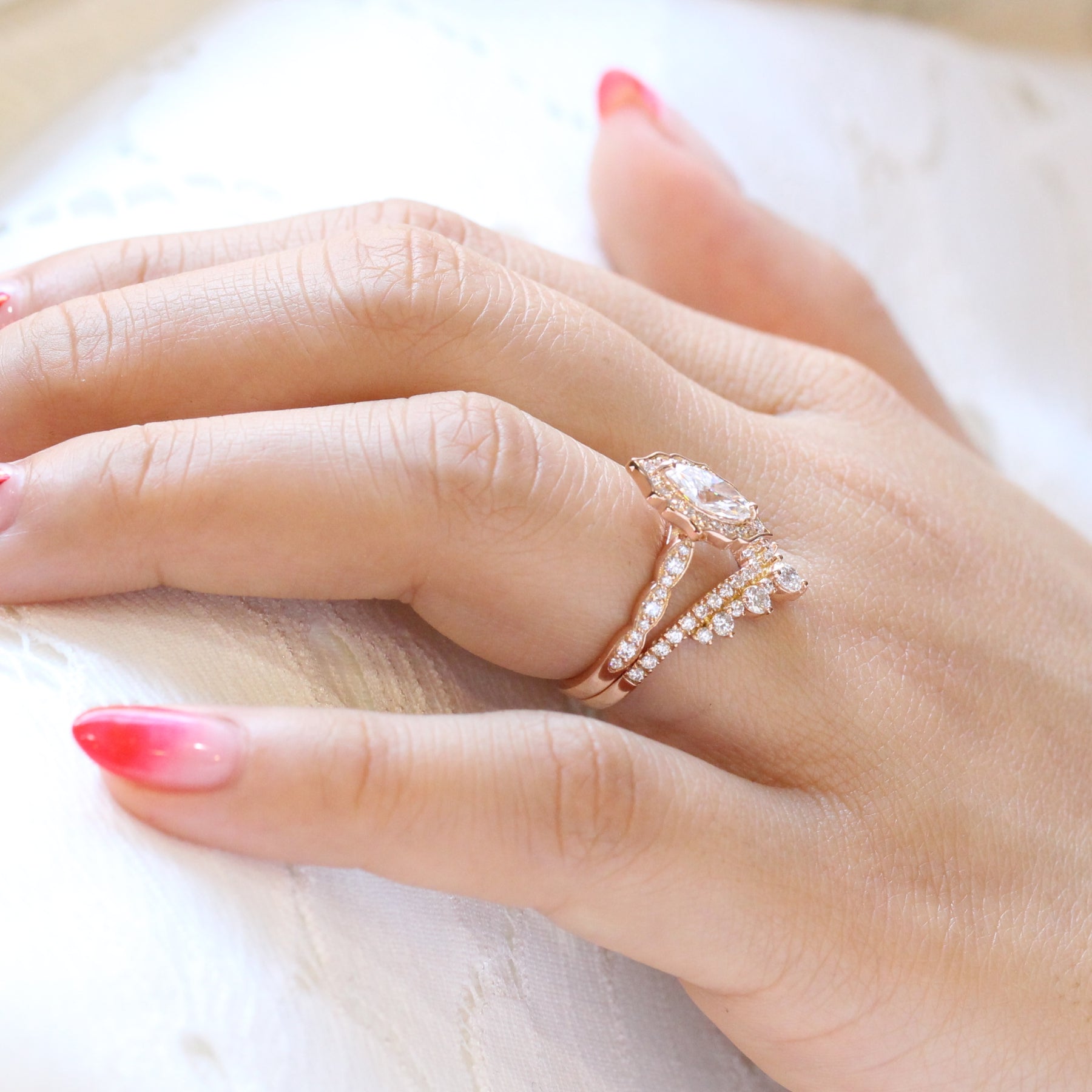 Halo diamond marquise ring rose gold large curved diamond wedding ring bridal set by la more design jewelry