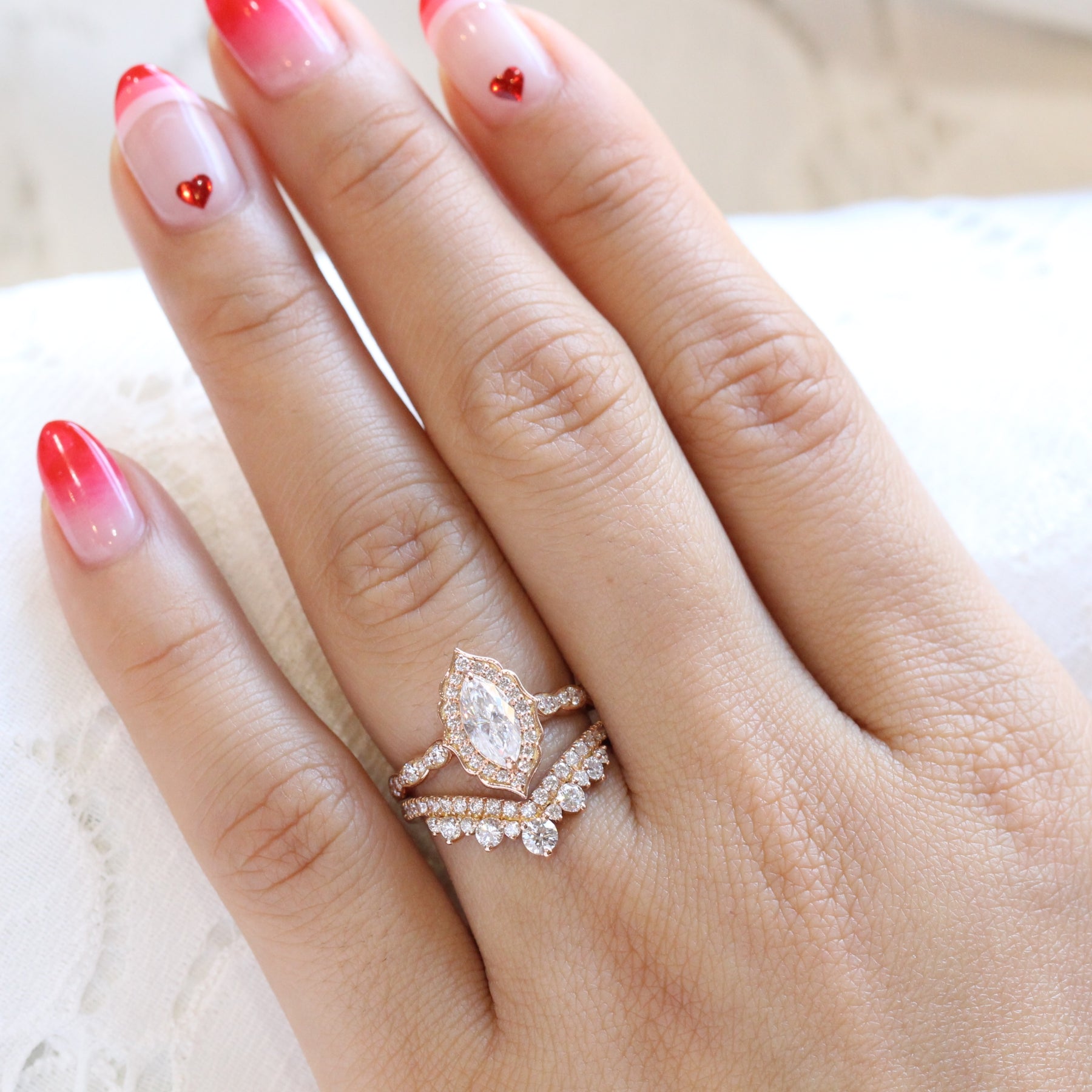 Halo diamond marquise ring rose gold large curved diamond wedding ring bridal set by la more design jewelry