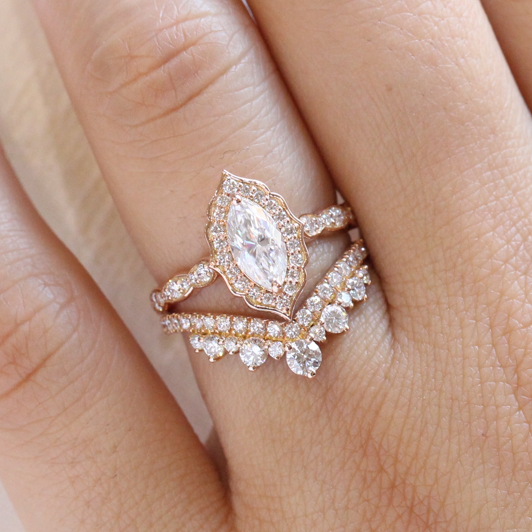 Halo diamond marquise ring rose gold large curved diamond wedding ring bridal set by la more design jewelry