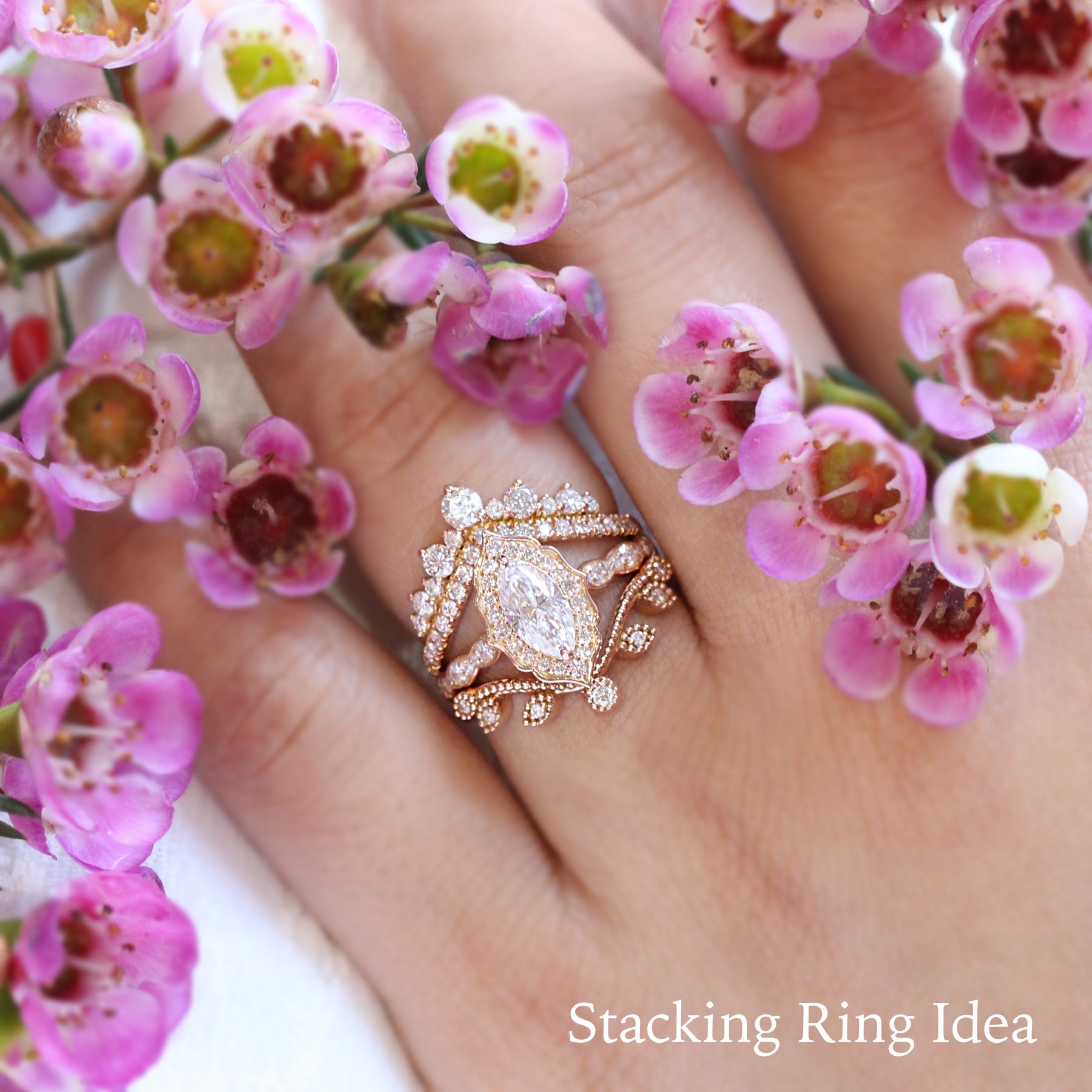 Halo diamond marquise ring rose gold large curved diamond wedding ring bridal set by la more design jewelry