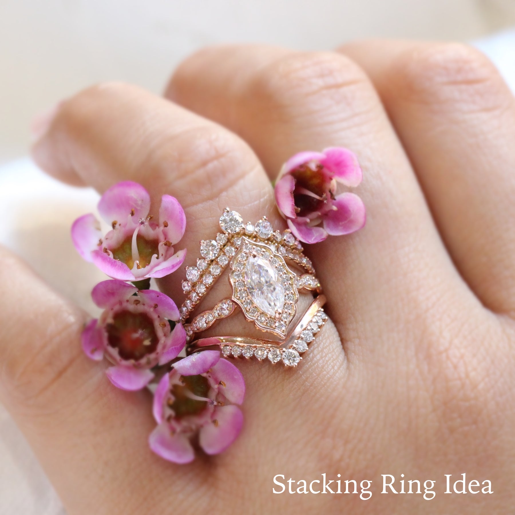 Halo diamond marquise ring rose gold large curved diamond wedding ring bridal set by la more design jewelry