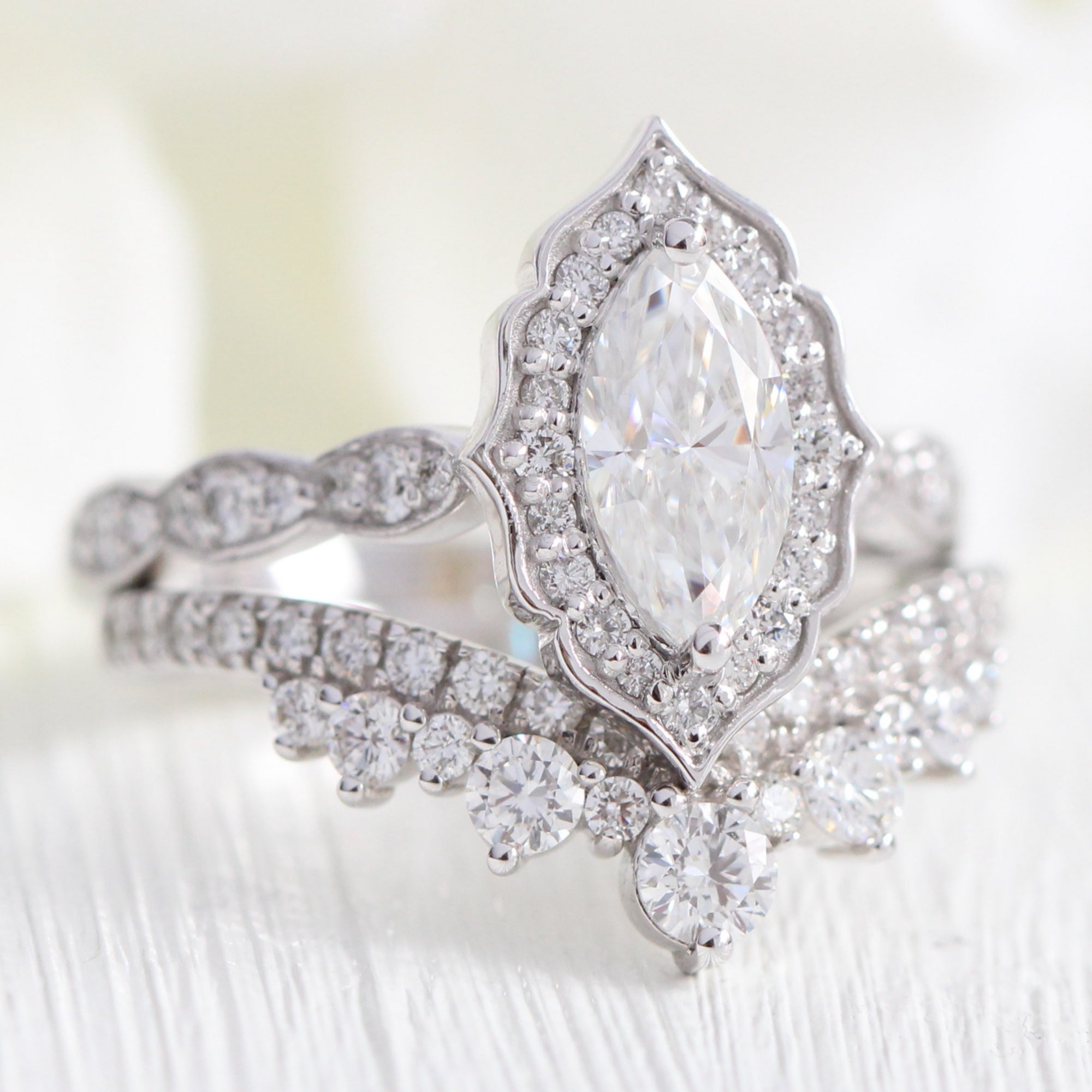 Halo diamond marquise ring white gold large curved diamond wedding ring bridal set by la more design jewelry