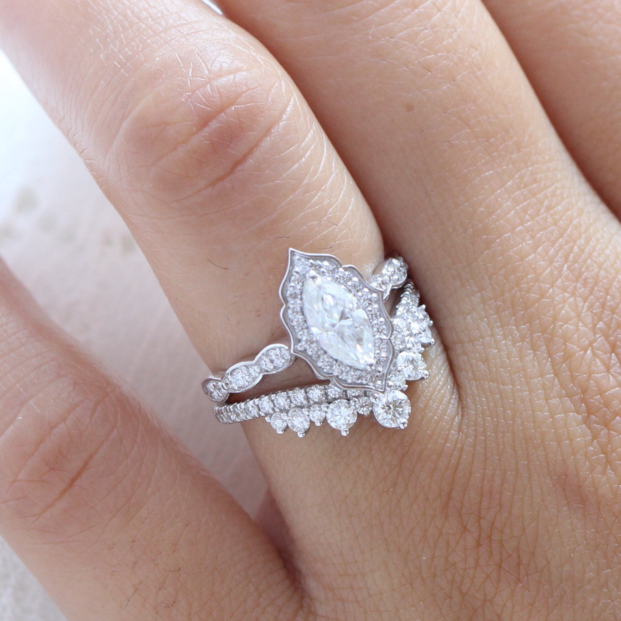 Halo diamond marquise ring white gold large curved diamond wedding ring bridal set by la more design jewelry
