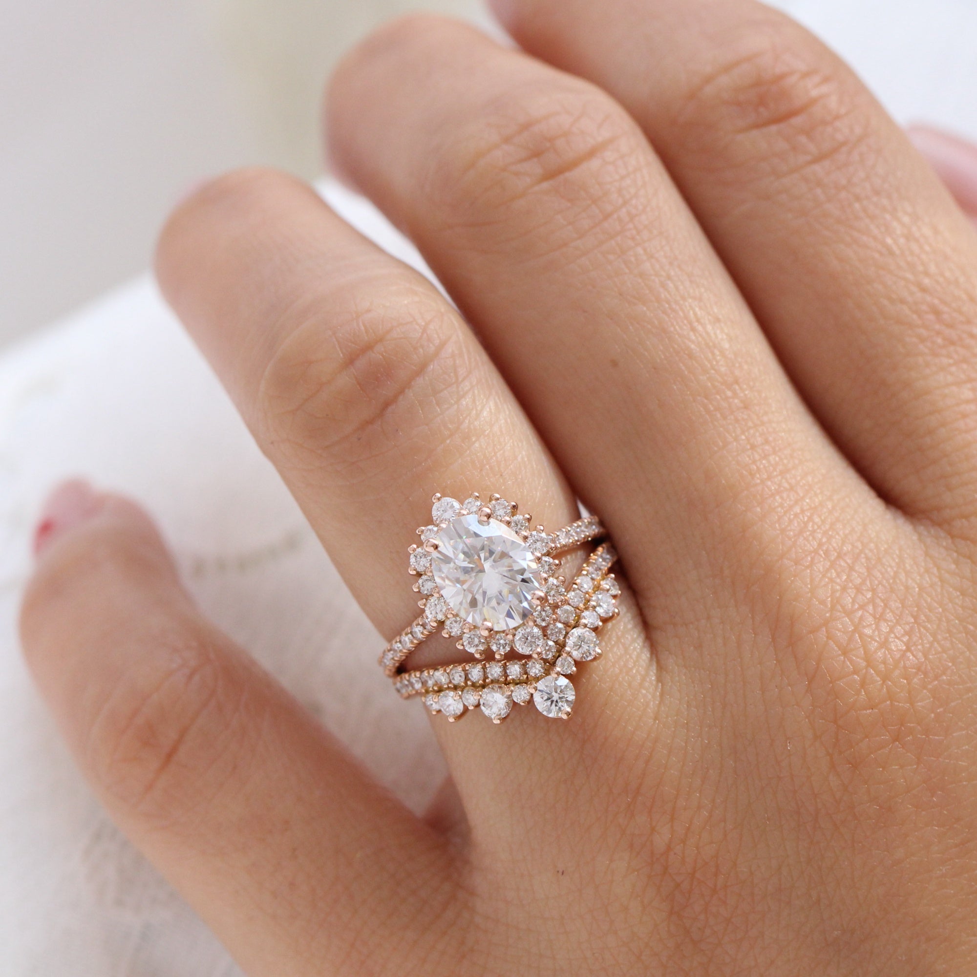 Halo diamond oval moissanite ring rose gold v shape diamond wedding ring stack la more design jewelry