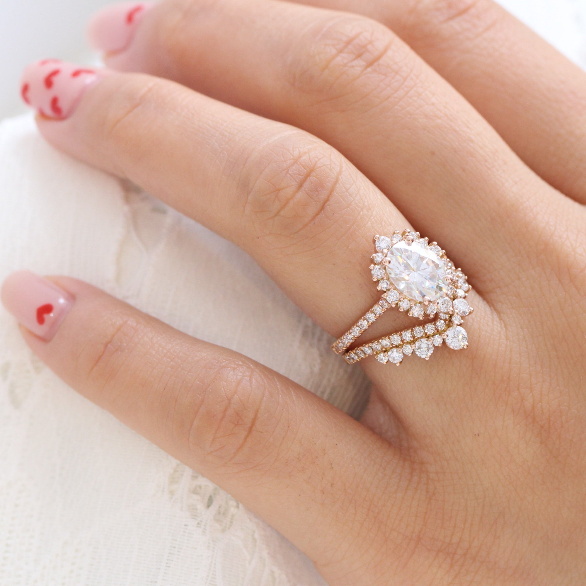 Halo diamond oval moissanite ring rose gold v shape diamond wedding ring stack la more design jewelry