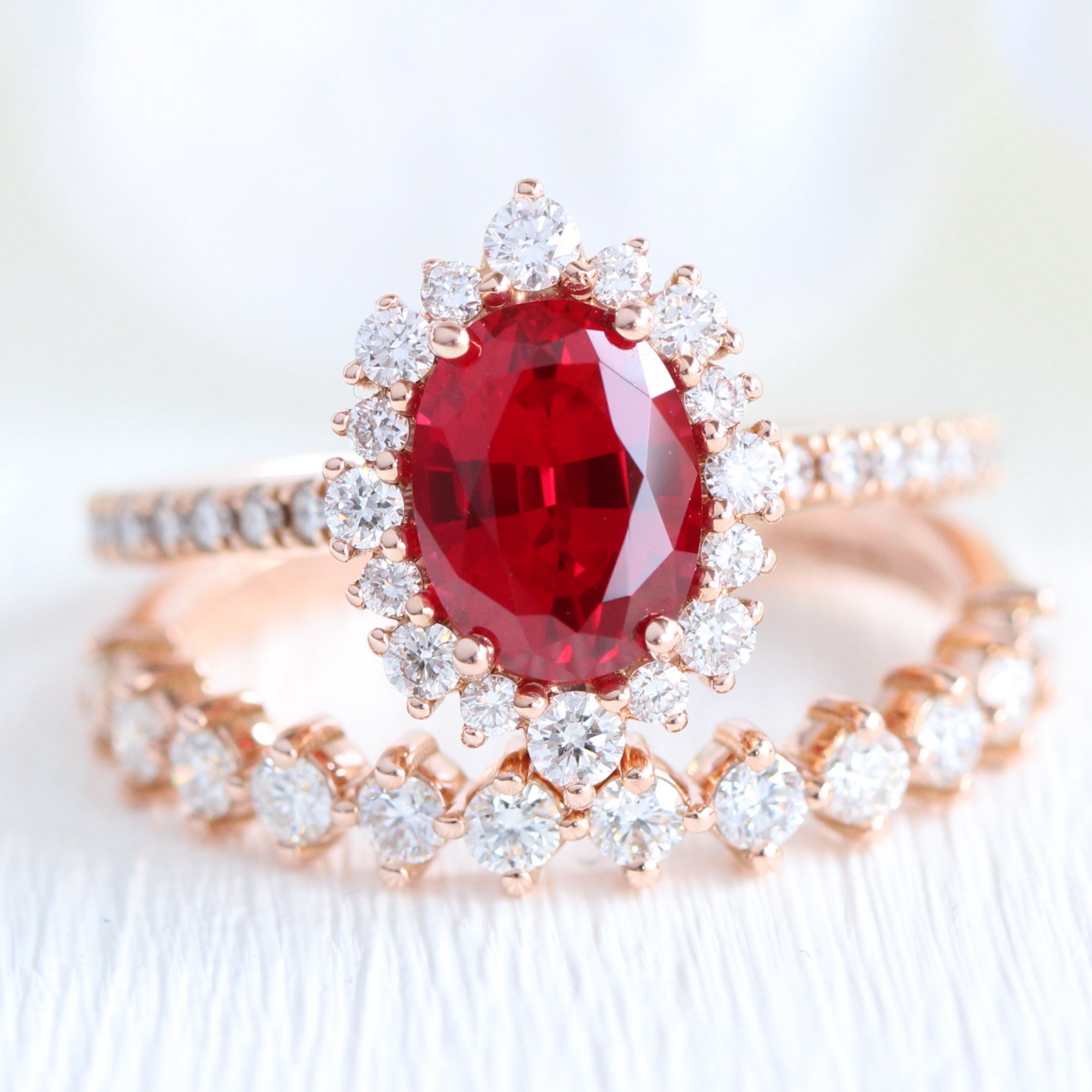 Halo Diamond Oval Ruby Bridal Ring Set Rose Gold Stacking Wedding