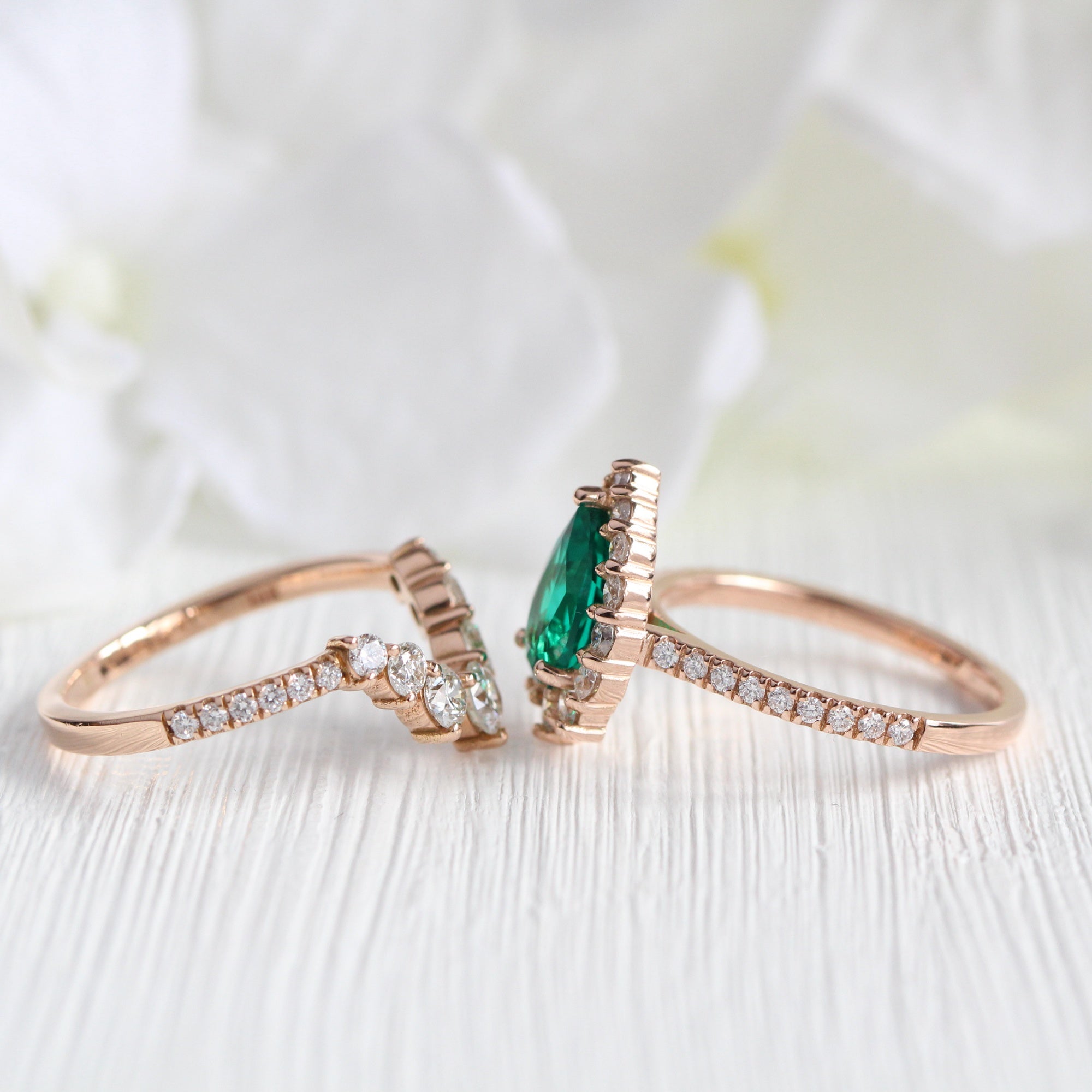 Halo diamond pear emerald ring stock rose gold deep curved wedding band la more design jewelry