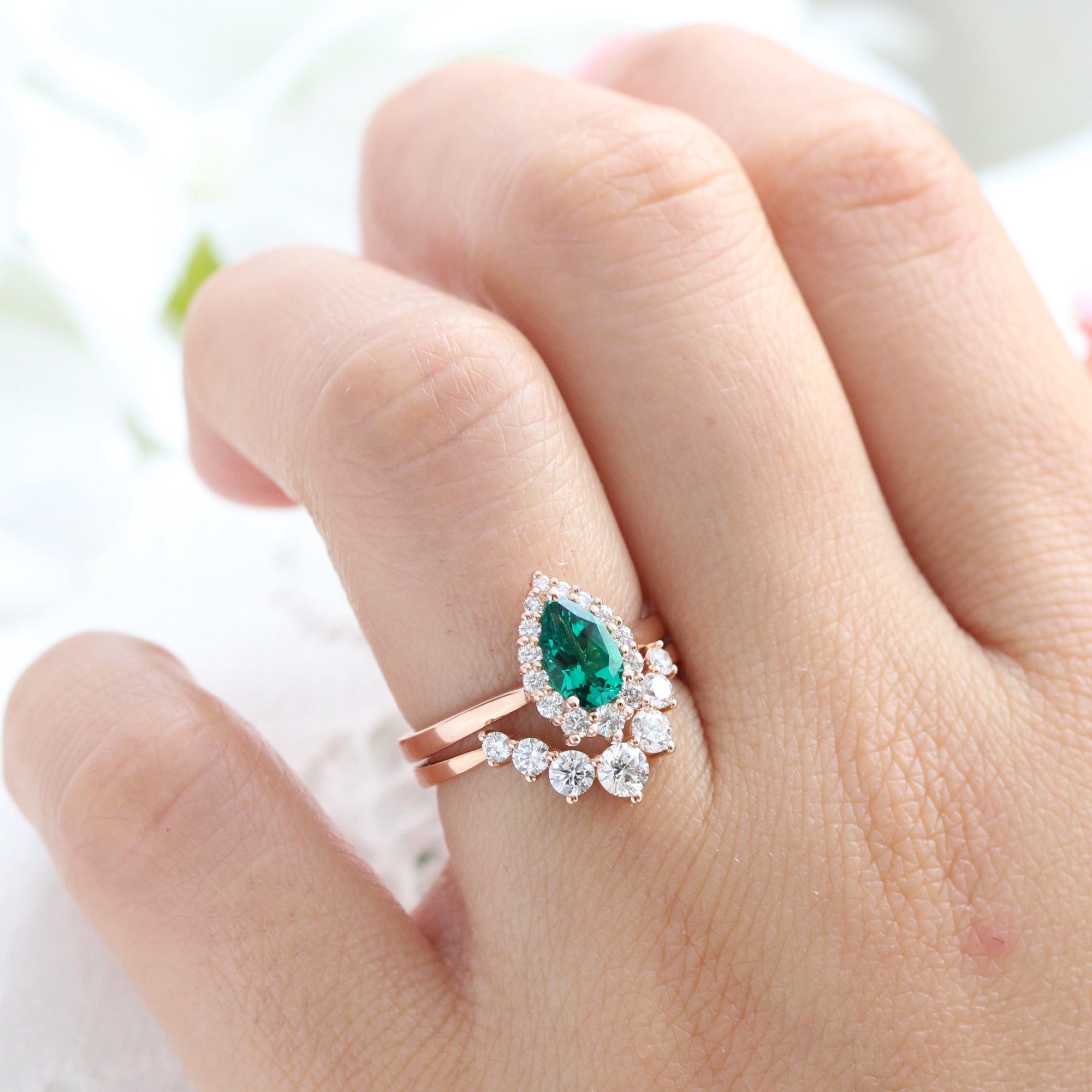 Halo diamond pear emerald ring stock rose gold deep curved wedding band la more design jewelry