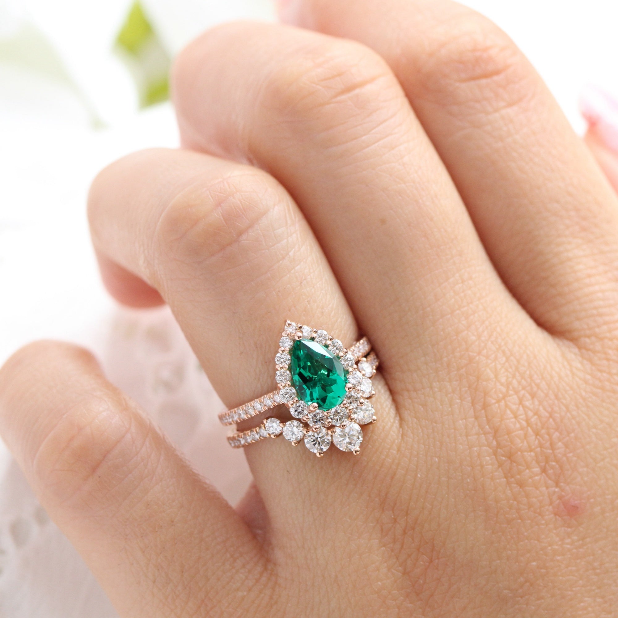 Halo diamond pear emerald ring stock rose gold deep curved wedding band la more design jewelry