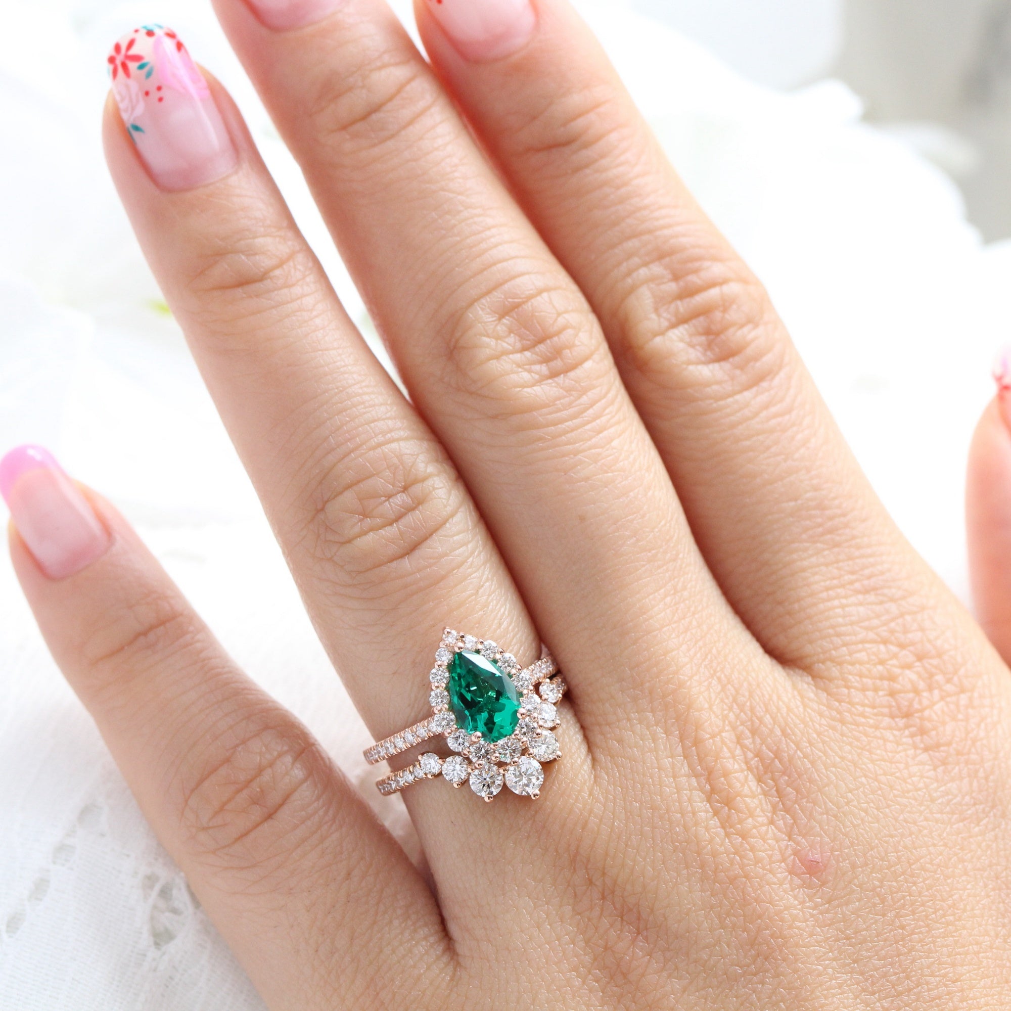 Halo diamond pear emerald ring stock rose gold deep curved wedding band la more design jewelry