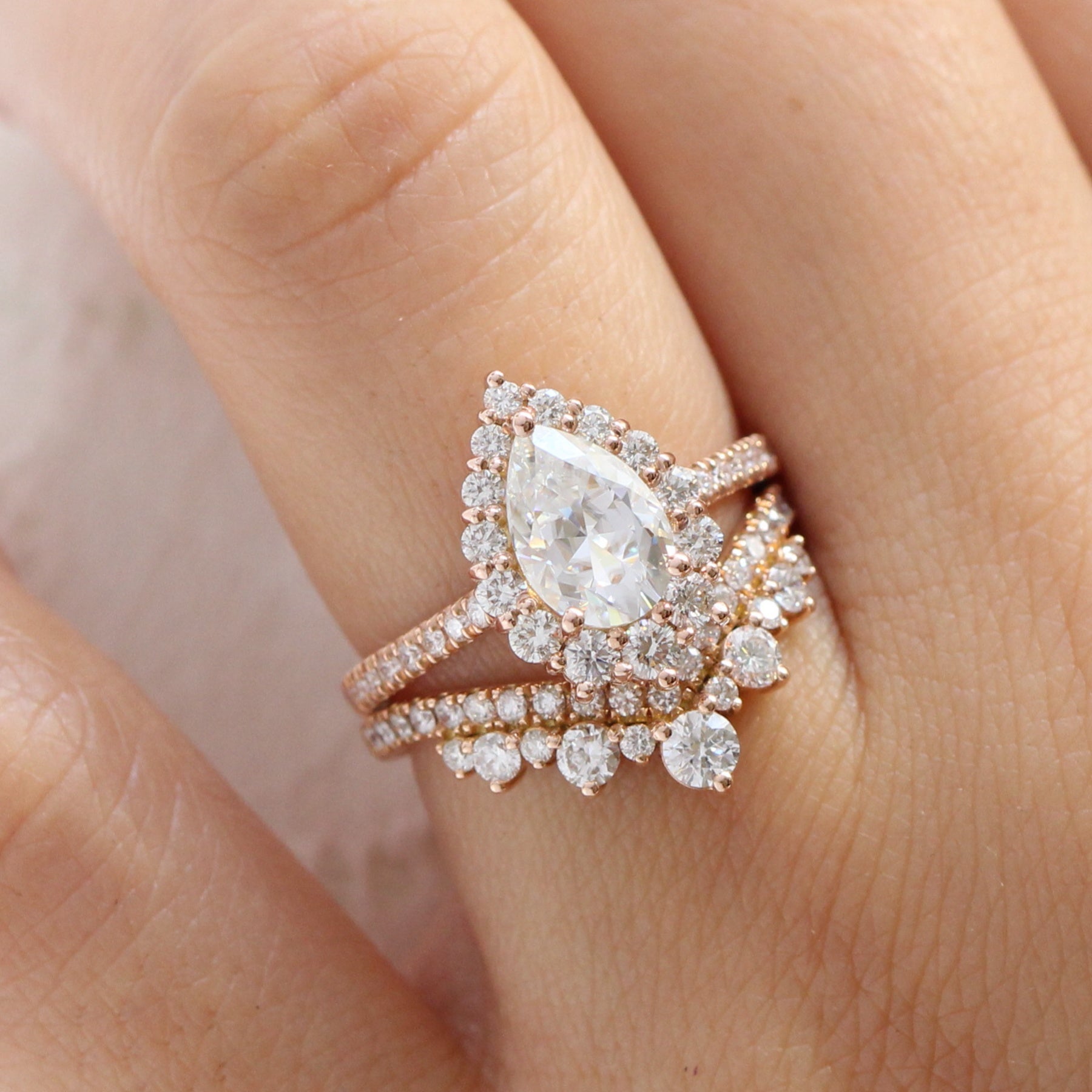 Halo diamond pear moissanite ring rose gold v shape diamond wedding ring stack la more design jewelry