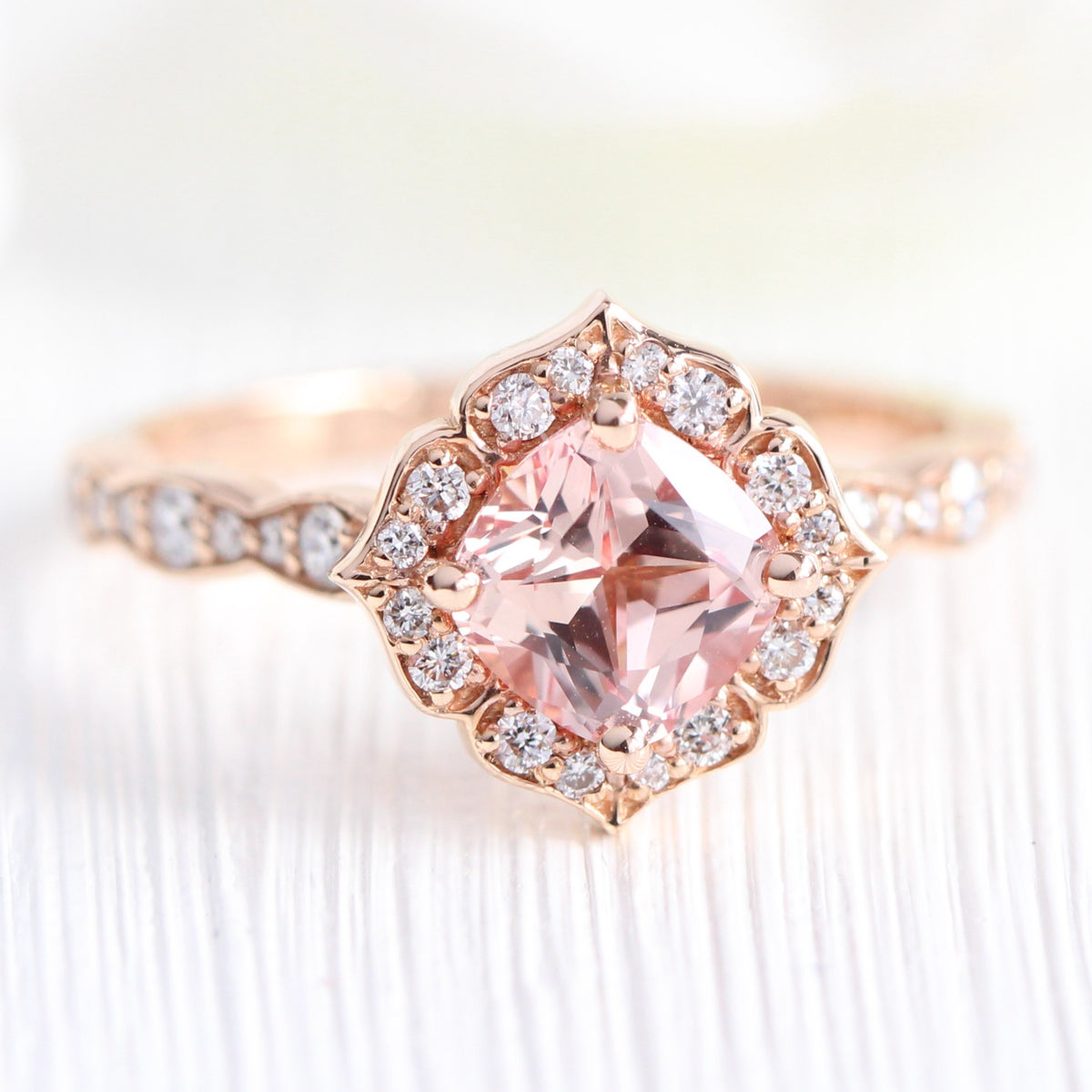 Vintage halo diamond peach sapphire engagement ring stack rose gold by la more design jewelrY