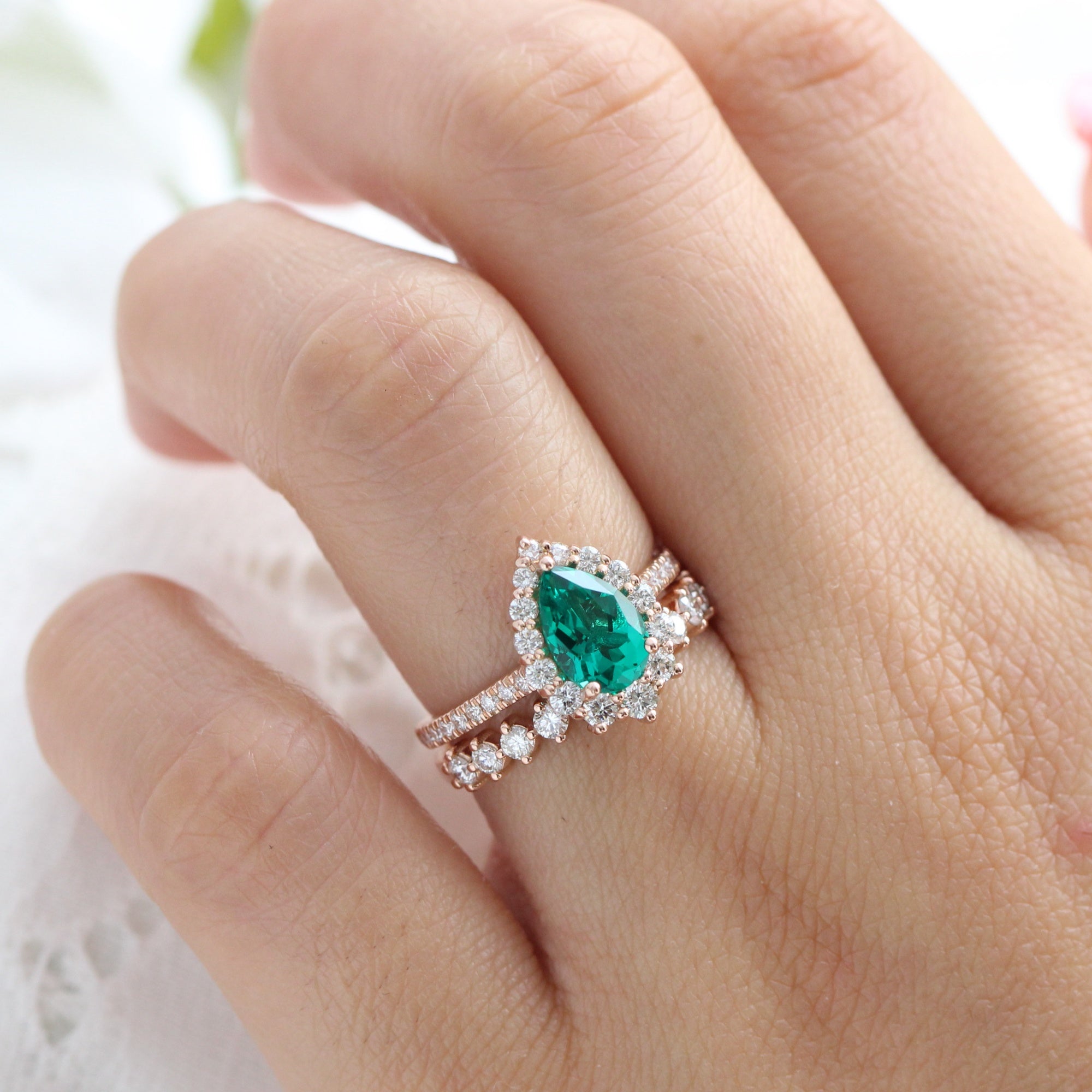Large pear emerald ring rose gold halo diamond ring la more design jewelry