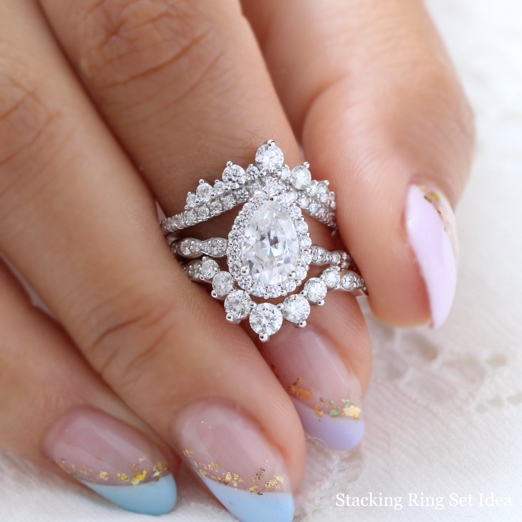 pear moissanite ring rose gold curved diamond wedding band bridal set la more design jewelry