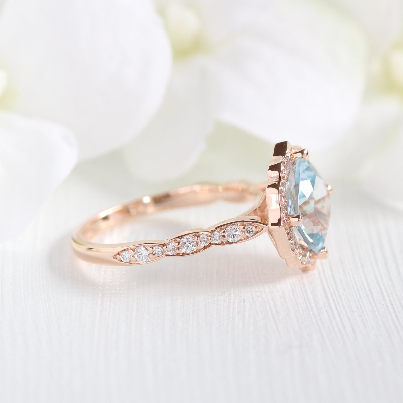 rose gold vintage floral aquamarine engagement ring scalloped diamond band by la more design