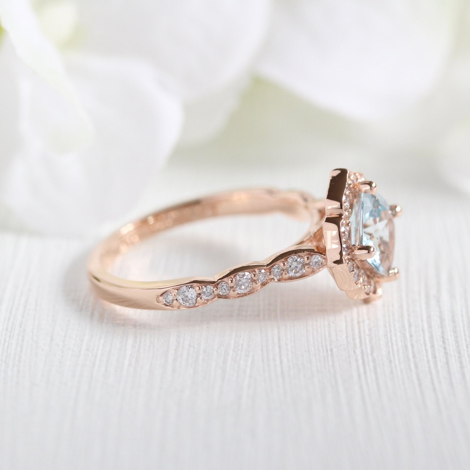 rose gold mini vintage floral aquamarine engagement ring scalloped diamond band by la more design