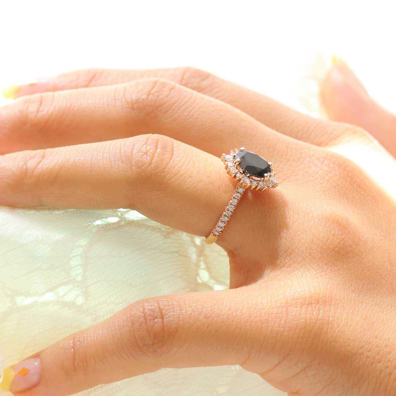 Large Black Diamond Engagement Ring in Rose Gold Halo Diamond Cluster Ring by La More Design Jewelry