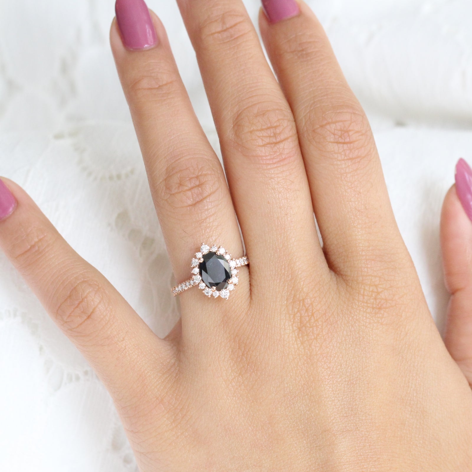 Large Black Diamond Engagement Ring in Rose Gold Halo Diamond Cluster Ring by La More Design Jewelry