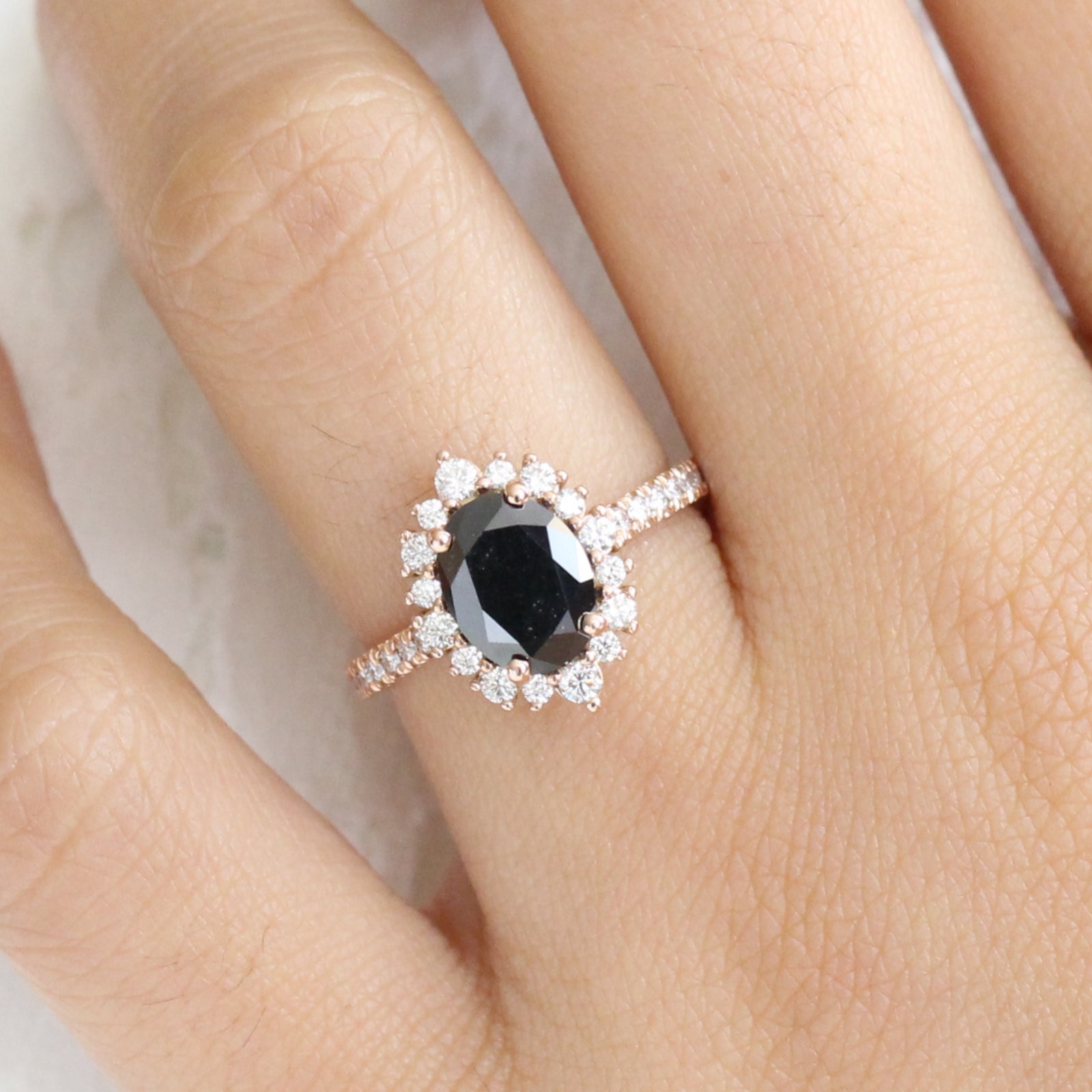 Large Black Diamond Engagement Ring in Rose Gold Halo Diamond Cluster Ring by La More Design Jewelry