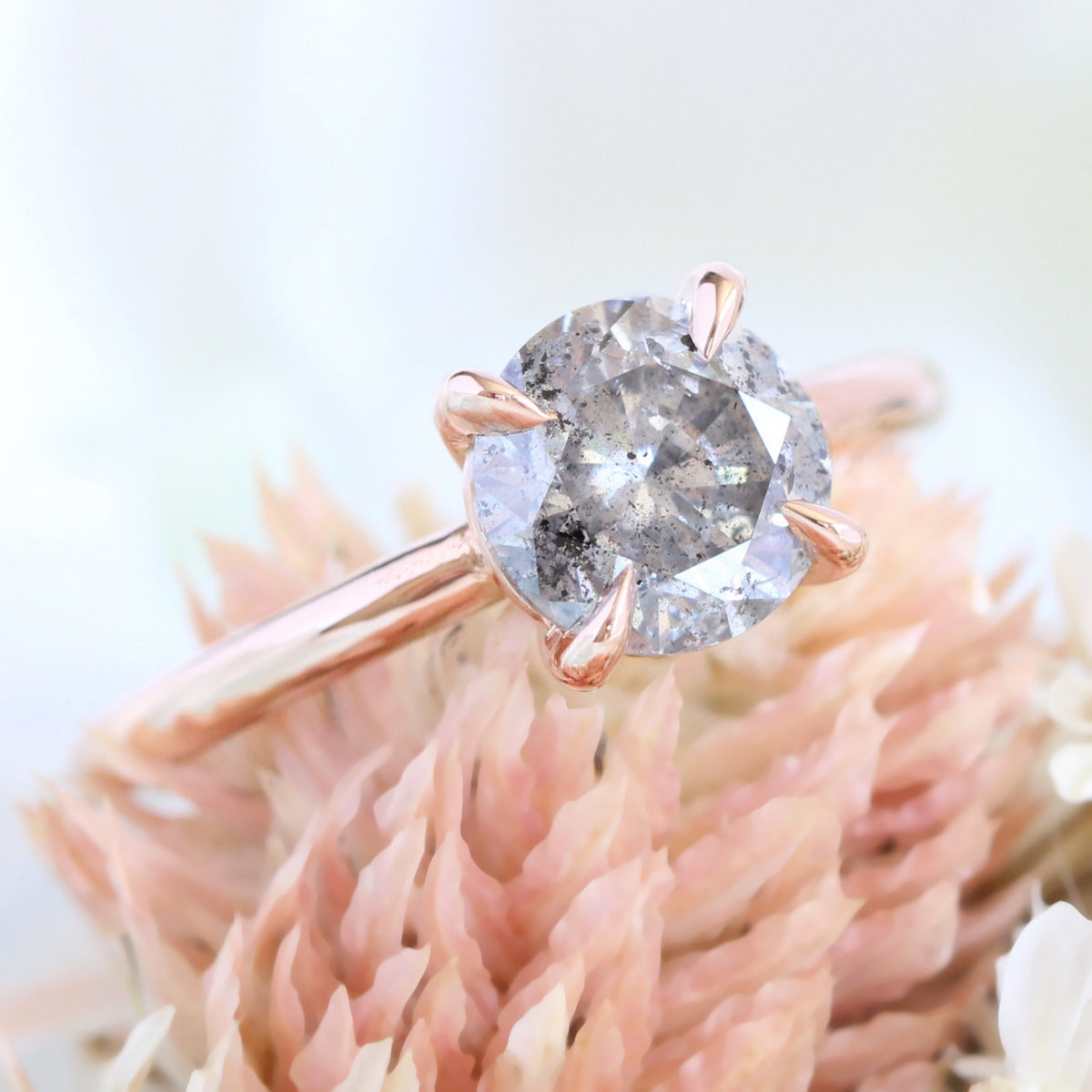 Large Salt and Pepper Diamond Engagement Ring Rose Gold Solitaire Grey Diamond Ring La More Design Jewelry