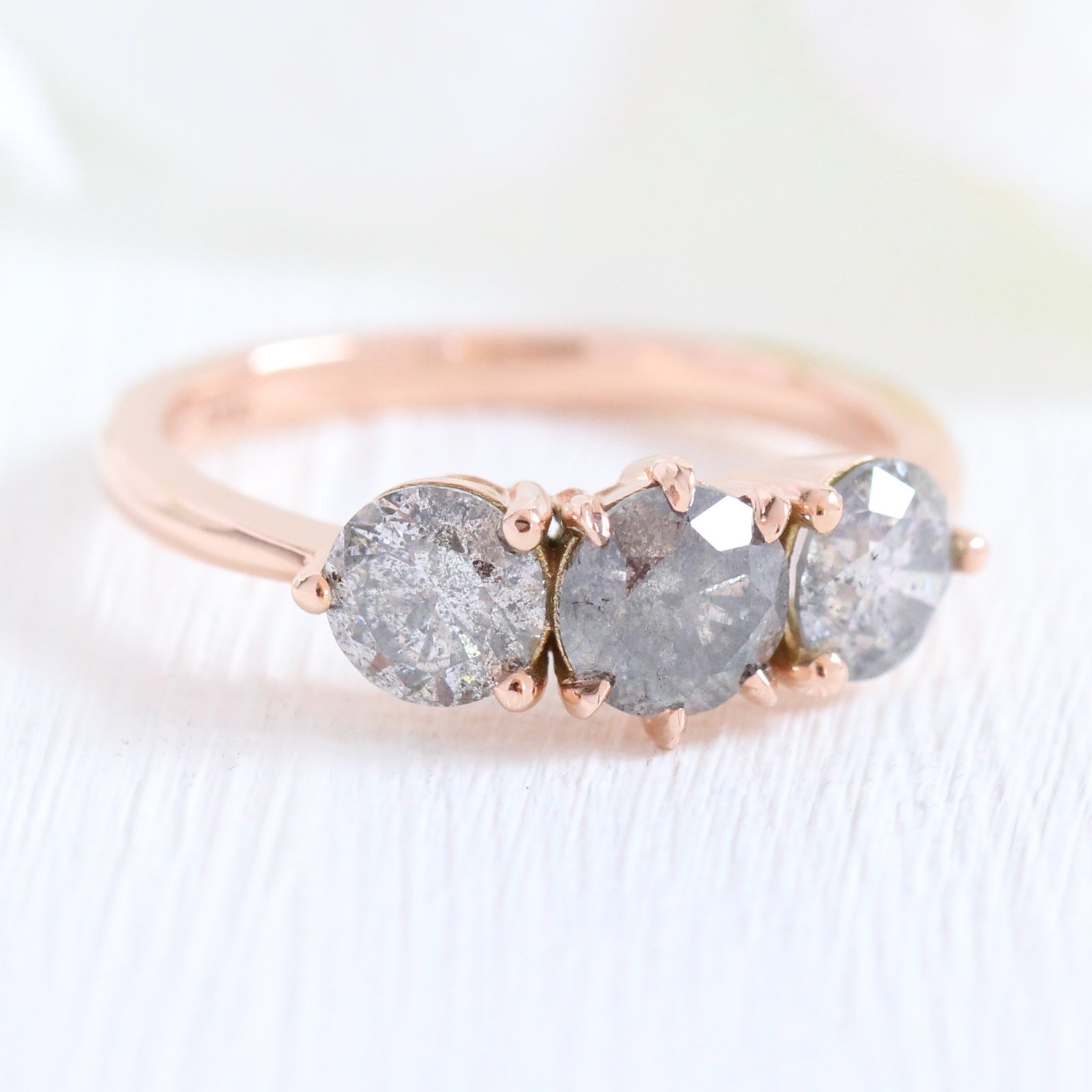 Large Salt and Pepper Grey Diamond Engagement Ring in Rose Gold 3 Stone Diamond Ring by La More Design Jewelry