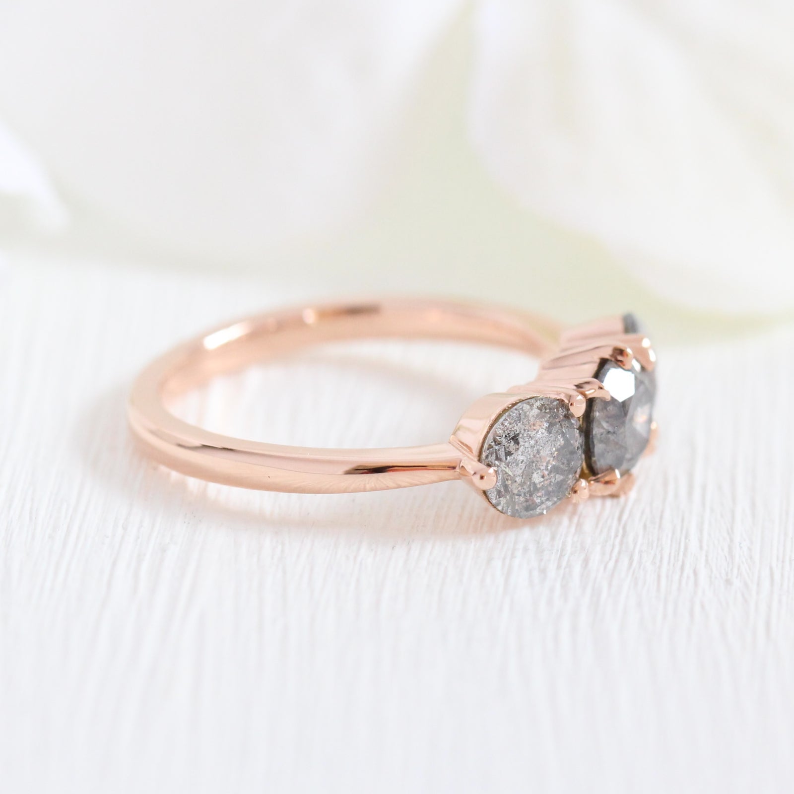 Large Salt and Pepper Grey Diamond Engagement Ring in Rose Gold 3 Stone Diamond Ring by La More Design Jewelry