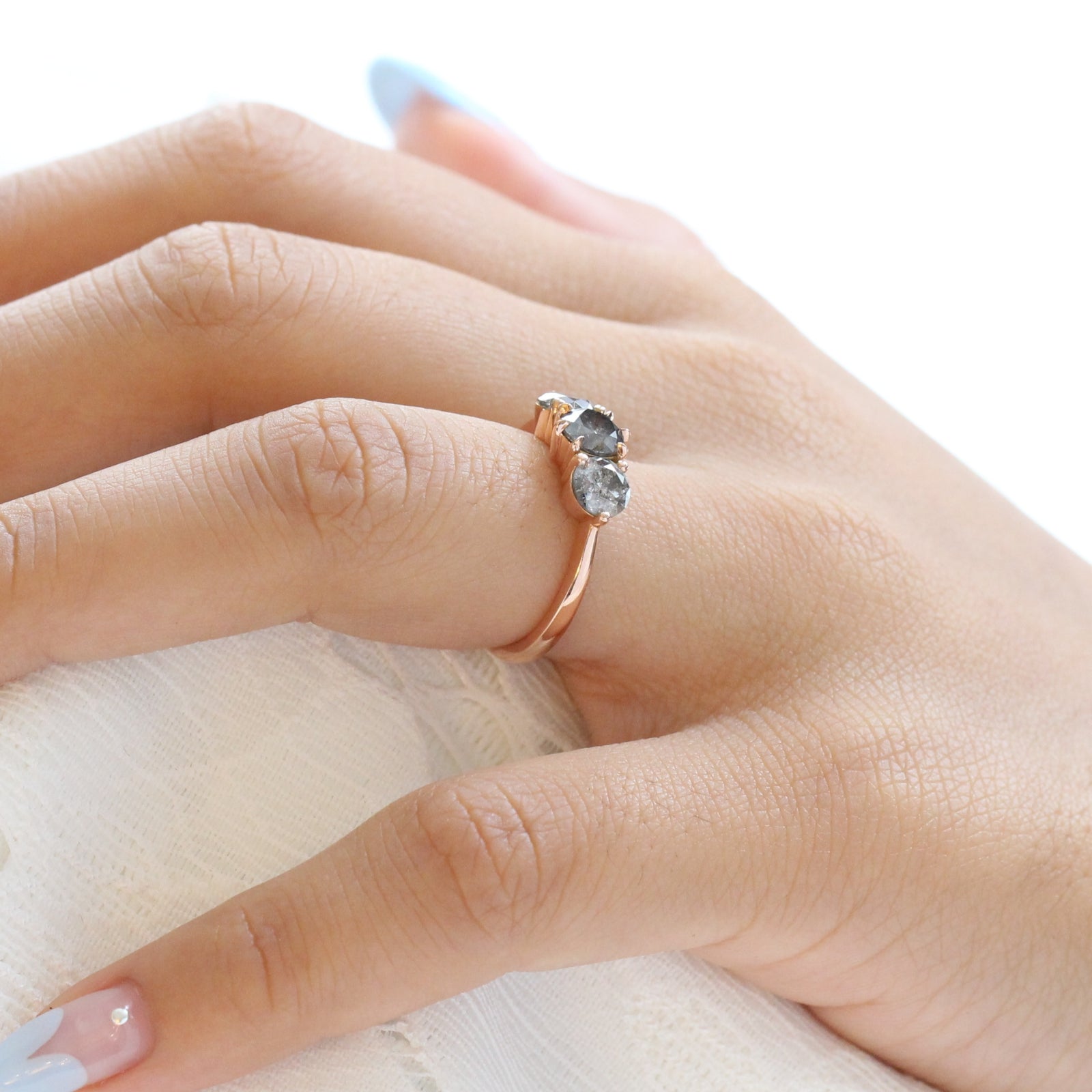 Large Salt and Pepper Grey Diamond Engagement Ring in Rose Gold 3 Stone Diamond Ring by La More Design Jewelry