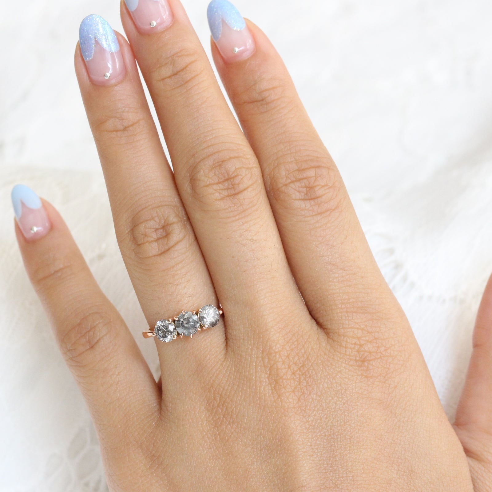 Large Salt and Pepper Grey Diamond Engagement Ring in Rose Gold 3 Stone Diamond Ring by La More Design Jewelry