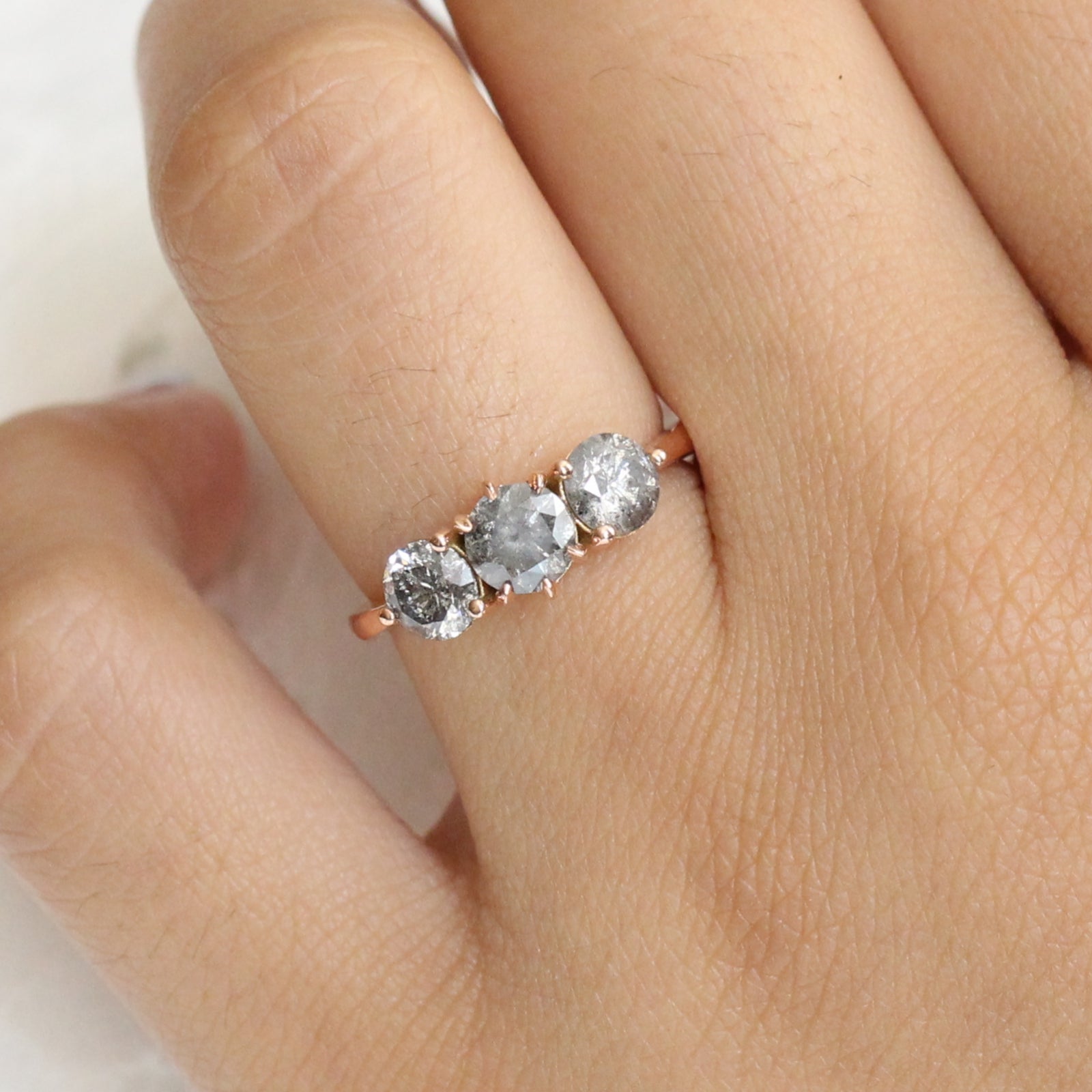 Large Salt and Pepper Grey Diamond Engagement Ring in Rose Gold 3 Stone Diamond Ring by La More Design Jewelry