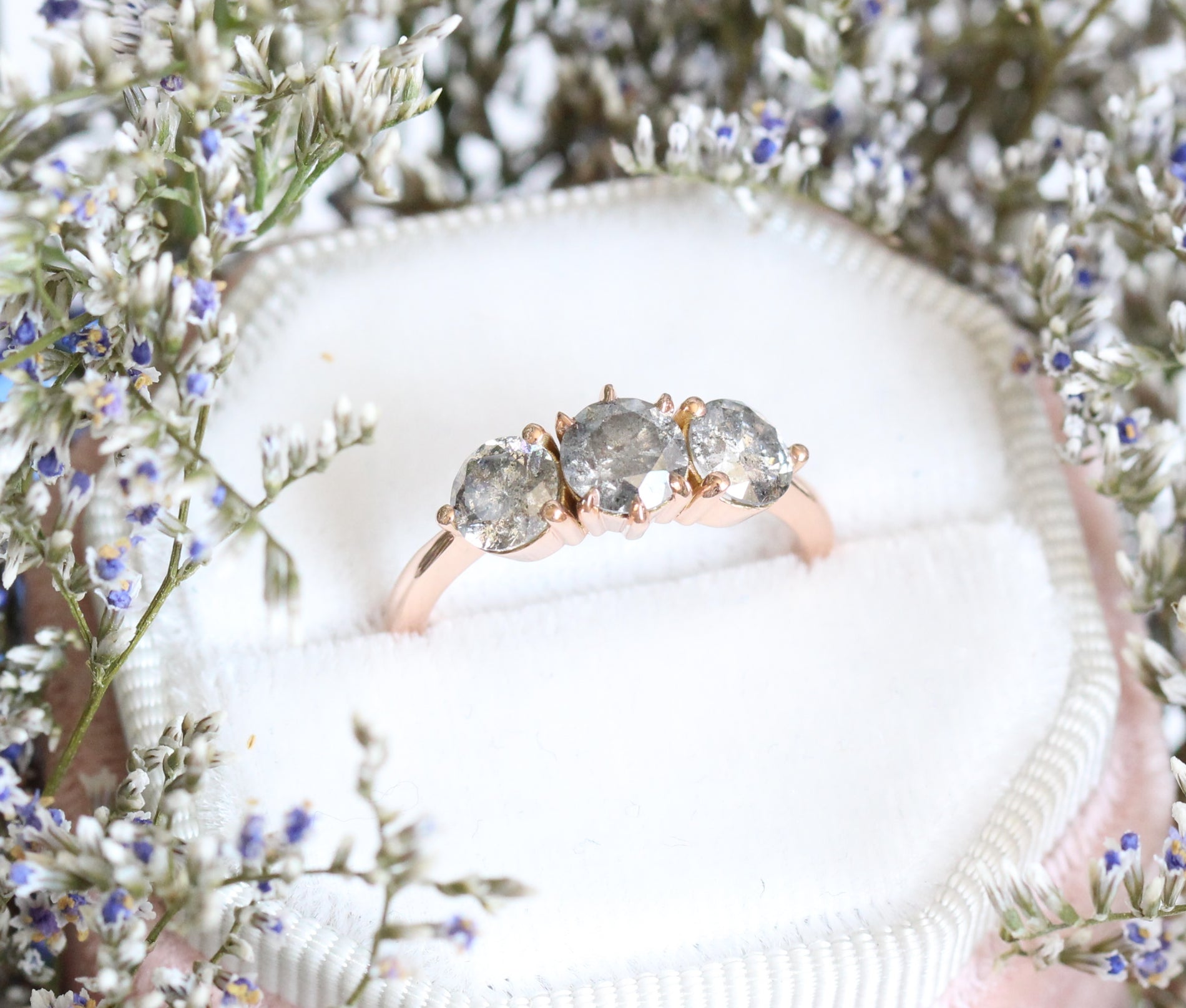 Large Salt and Pepper Grey Diamond Engagement Ring in Rose Gold 3 Stone Diamond Ring by La More Design Jewelry