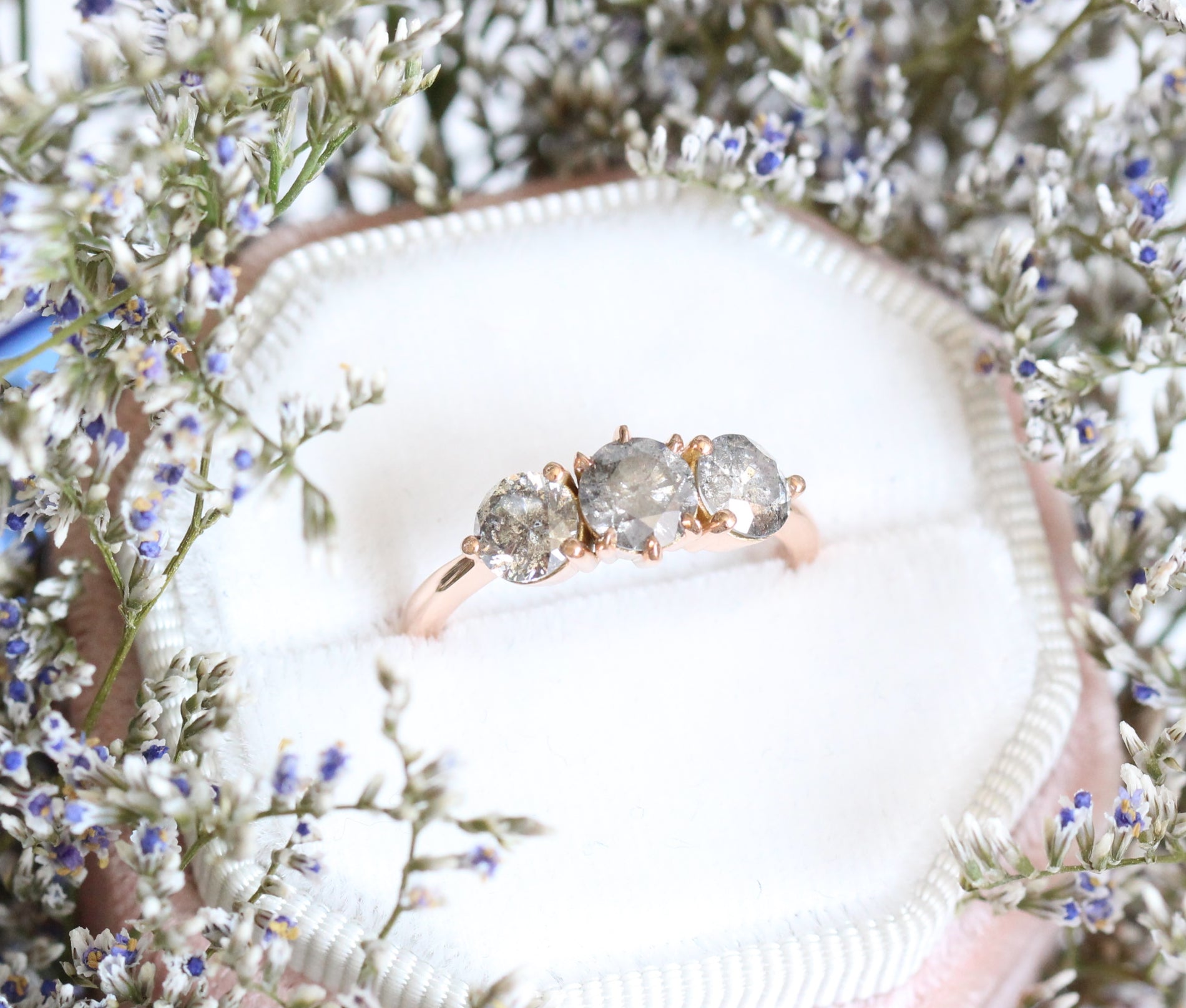Large Salt and Pepper Grey Diamond Engagement Ring in Rose Gold 3 Stone Diamond Ring by La More Design Jewelry