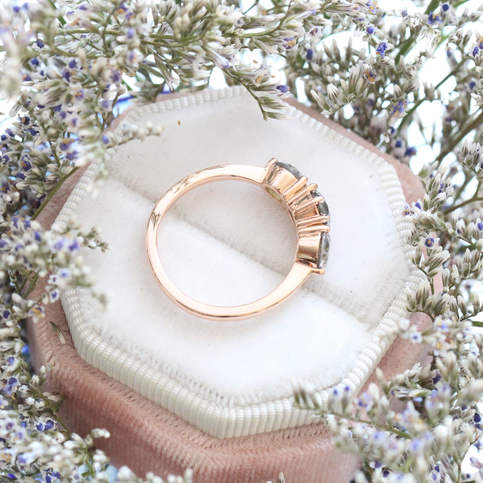 Large Salt and Pepper Grey Diamond Engagement Ring in Rose Gold 3 Stone Diamond Ring by La More Design Jewelry
