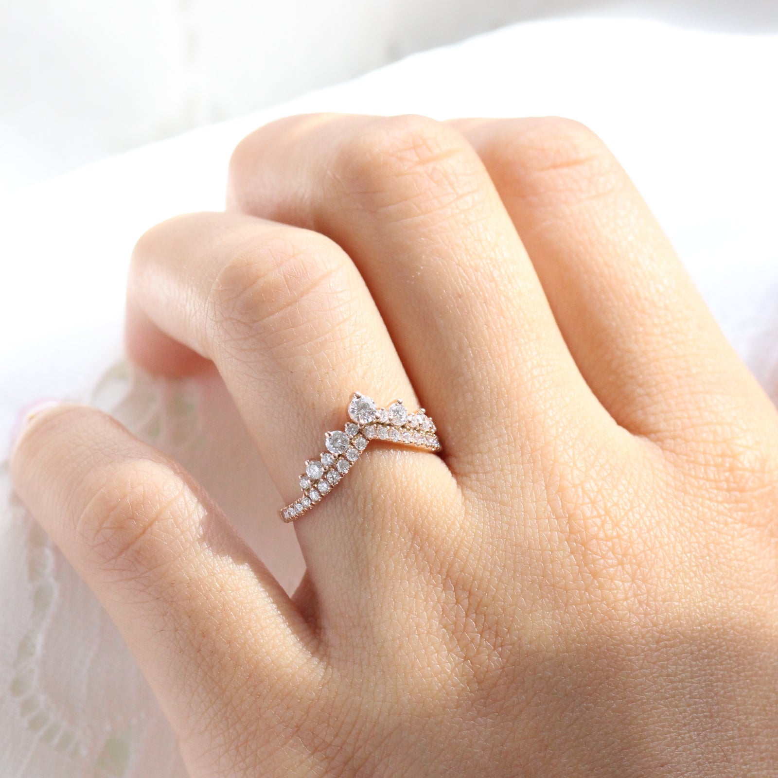 Large diamond wedding ring rose gold curved pave diamond band by la more design jewelry