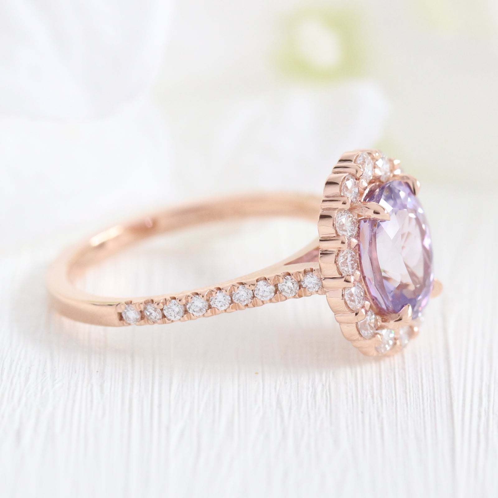 Large lavender purple sapphire engagement ring rose gold in halo diamond cluster ring by la more design jewelry