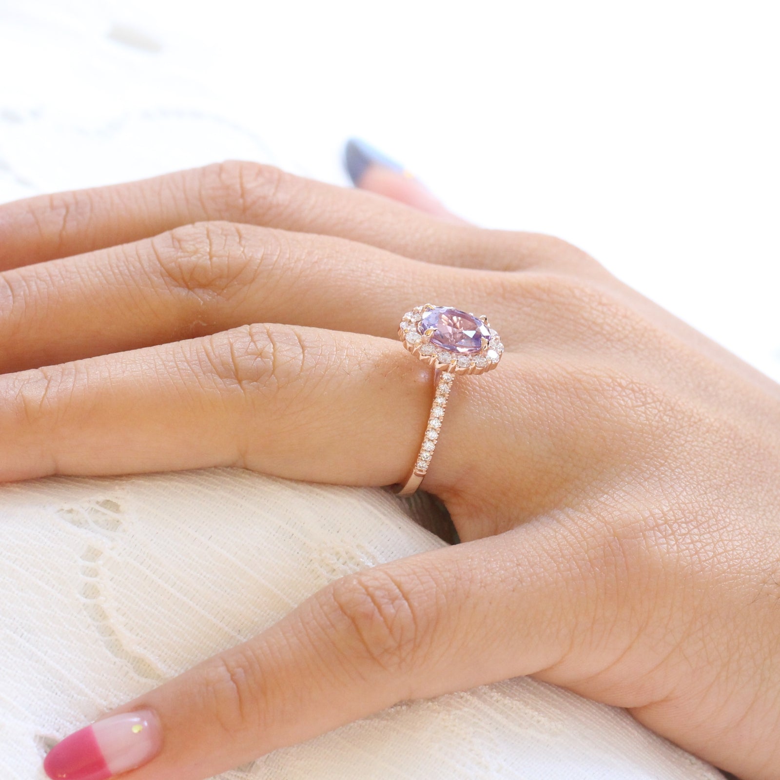 Large lavender purple sapphire engagement ring rose gold in halo diamond cluster ring by la more design jewelry