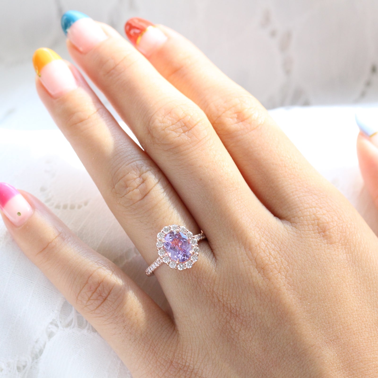 Large lavender purple sapphire engagement ring rose gold in halo diamond cluster ring by la more design jewelry