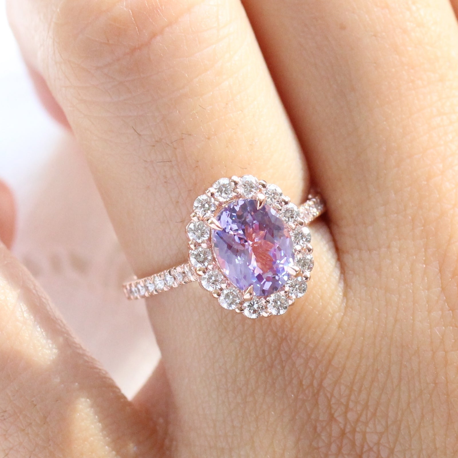 Large lavender purple sapphire engagement ring rose gold in halo diamond cluster ring by la more design jewelry