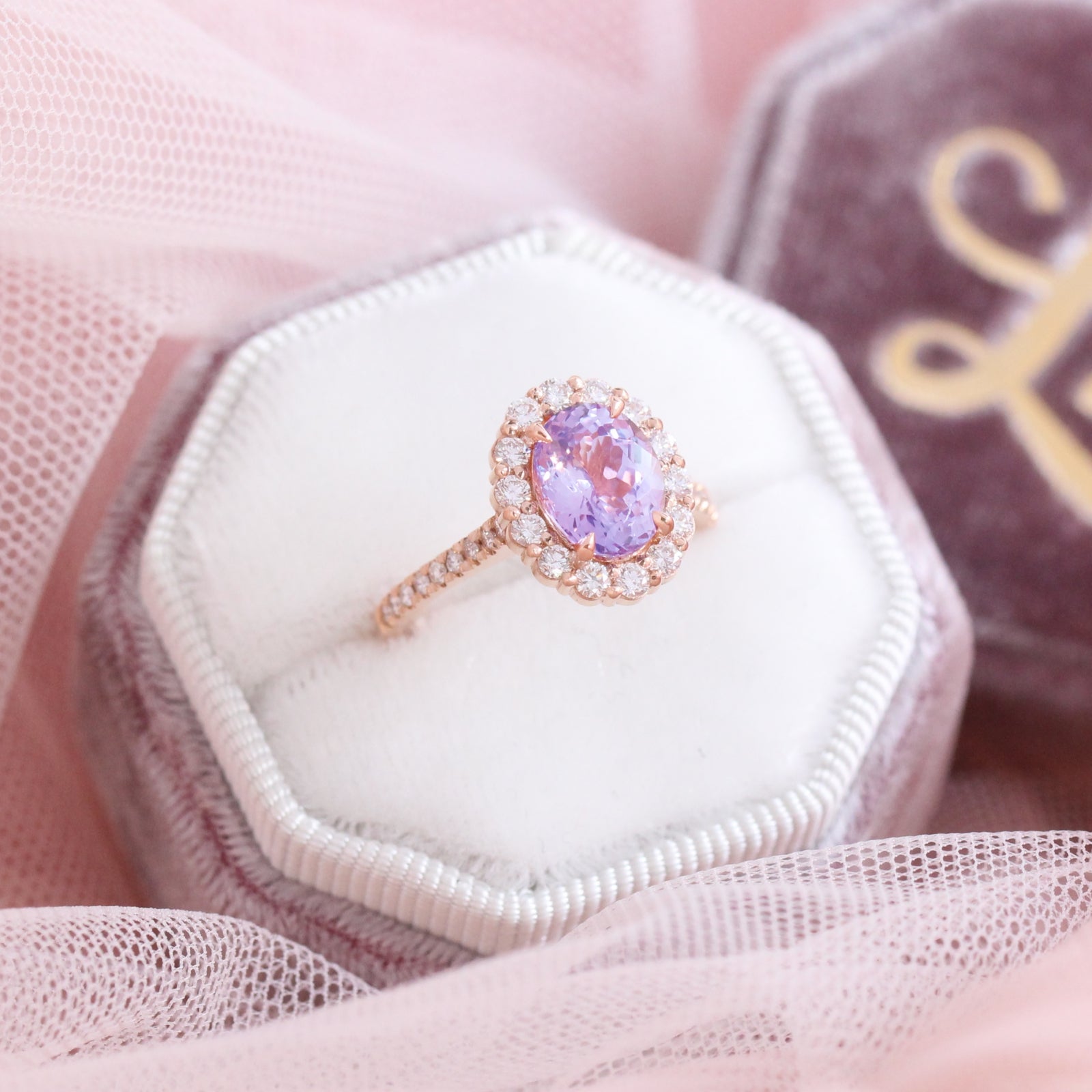 Large lavender purple sapphire engagement ring rose gold in halo diamond cluster ring by la more design jewelry