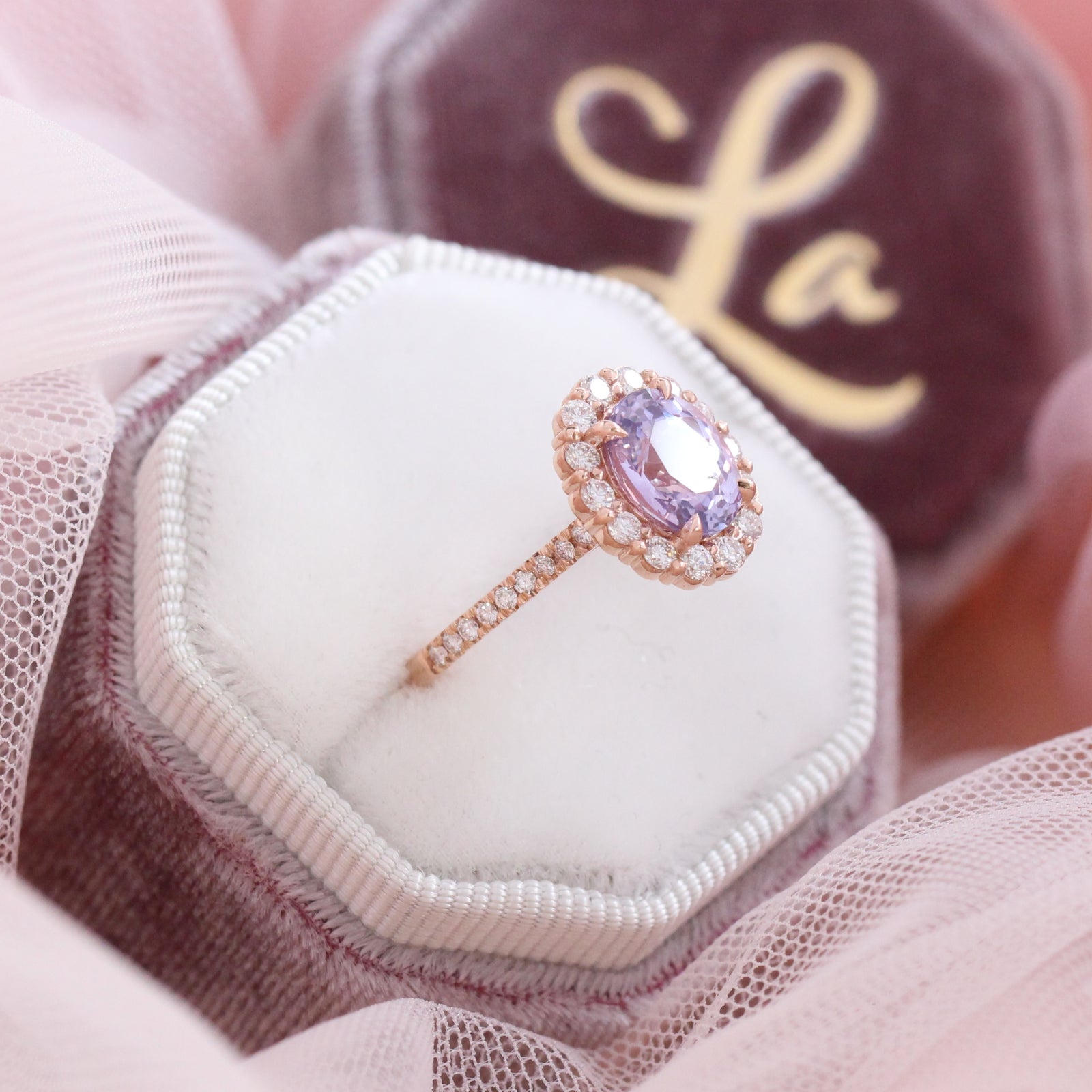 Large lavender purple sapphire engagement ring rose gold in halo diamond cluster ring by la more design jewelry