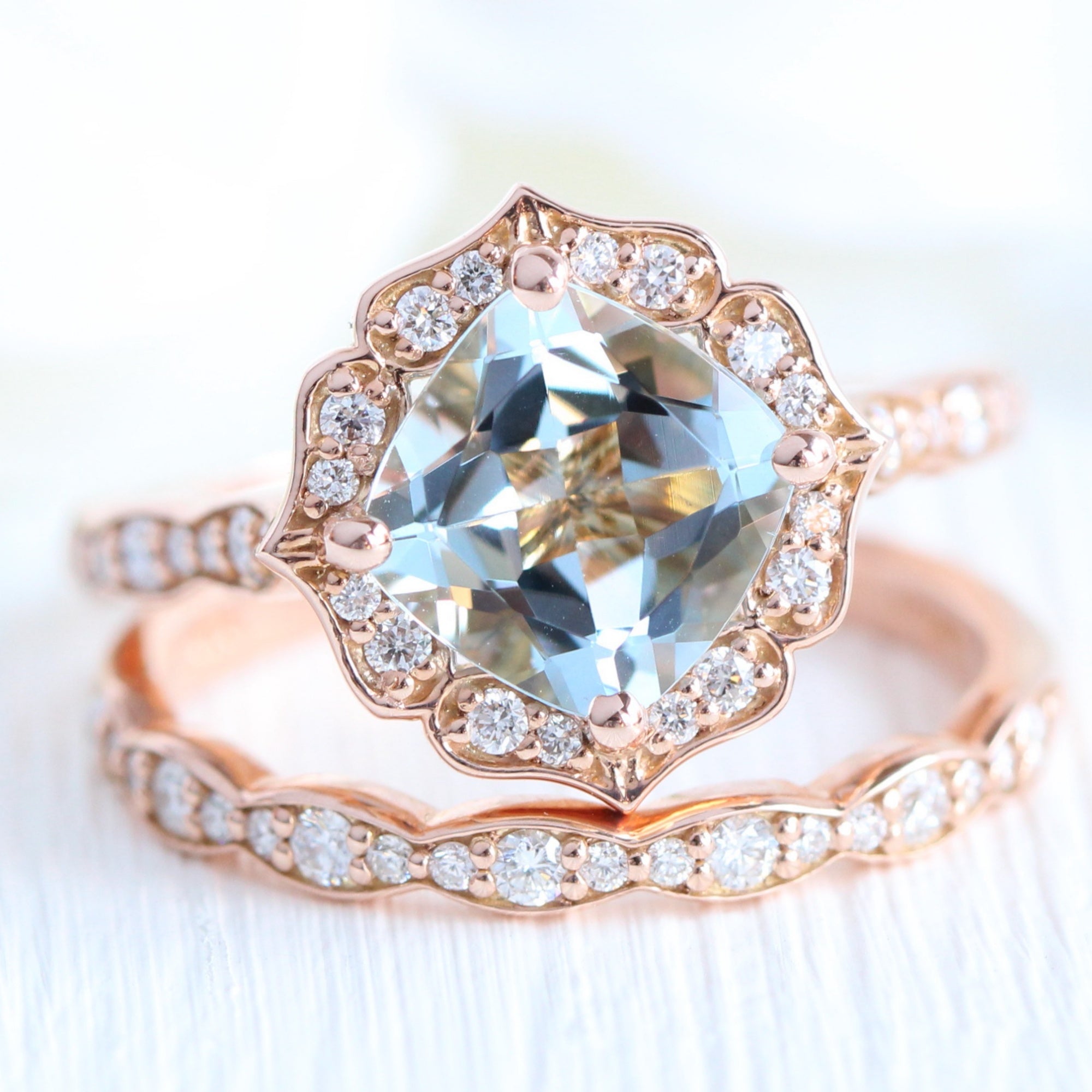 Large aquamarine ring rose gold matching diamond wedding ring stack la more design jewelry
