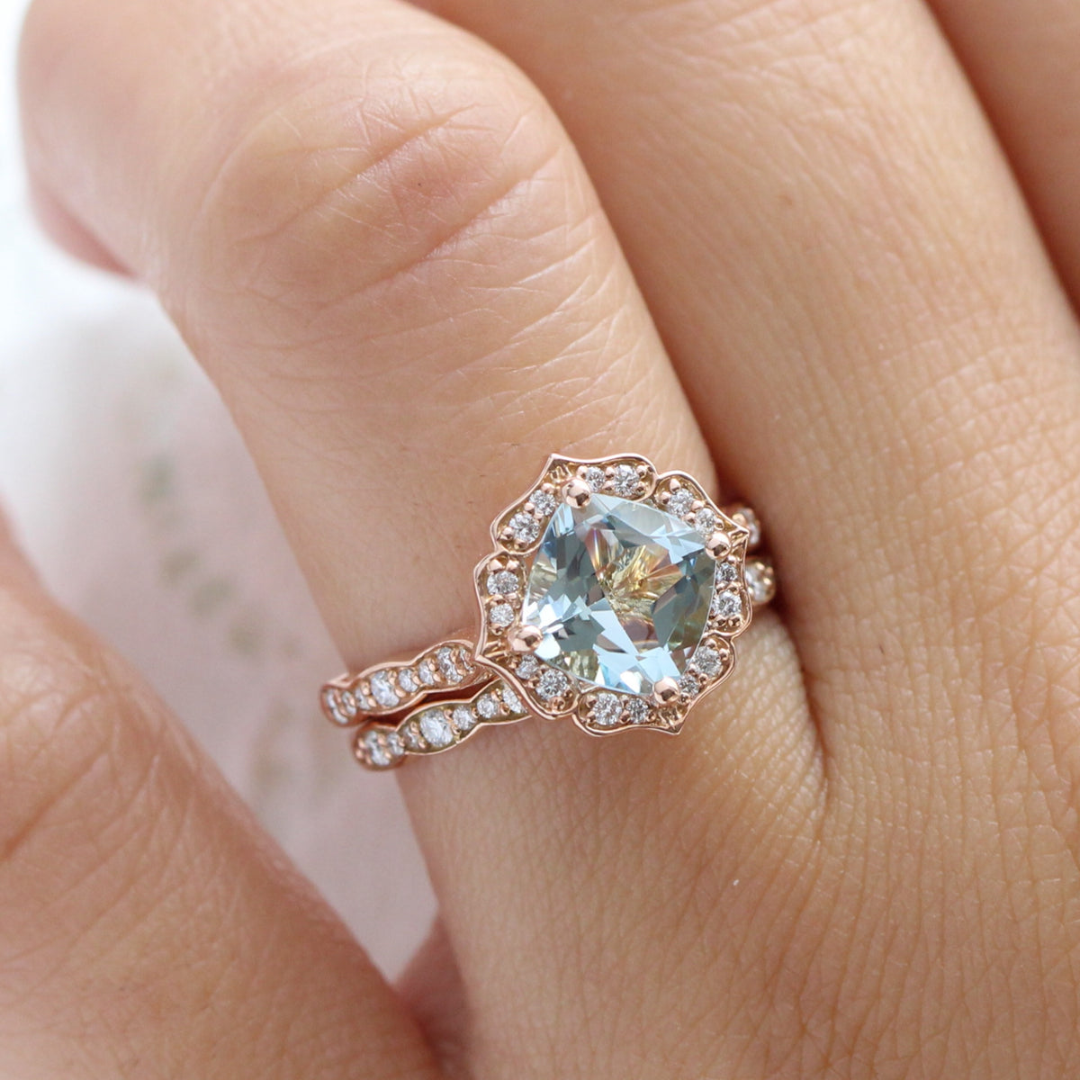 Large aquamarine ring rose gold matching diamond wedding ring stack la more design jewelry
