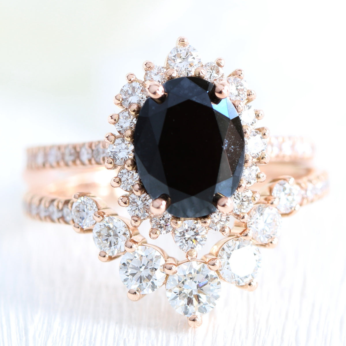 Large black diamond halo ring rose gold 7 diamond wedding ring stack la more design jewelry