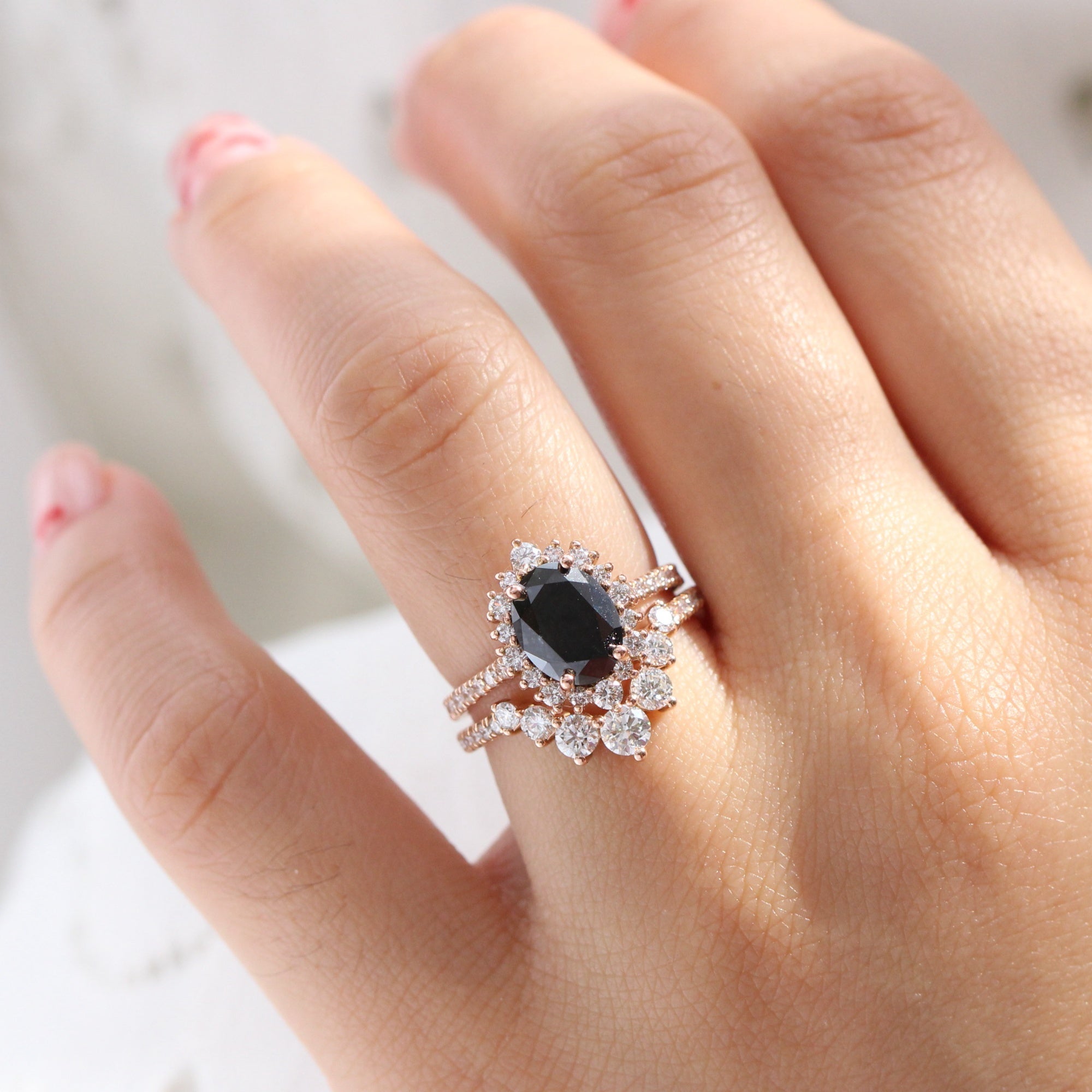 Large black diamond halo ring rose gold 7 diamond wedding ring stack la more design jewelry