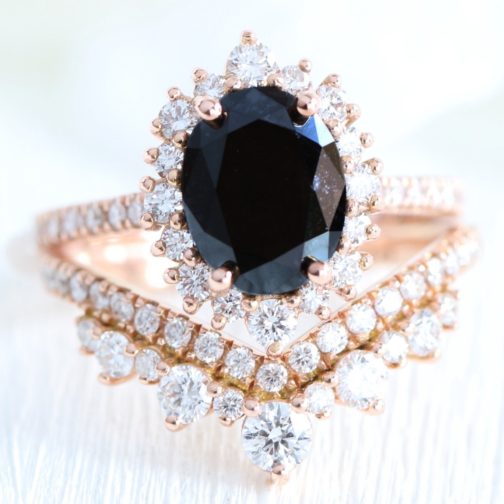 Large black diamond halo ring rose gold v shaped diamond wedding ring stack la more design jewelry