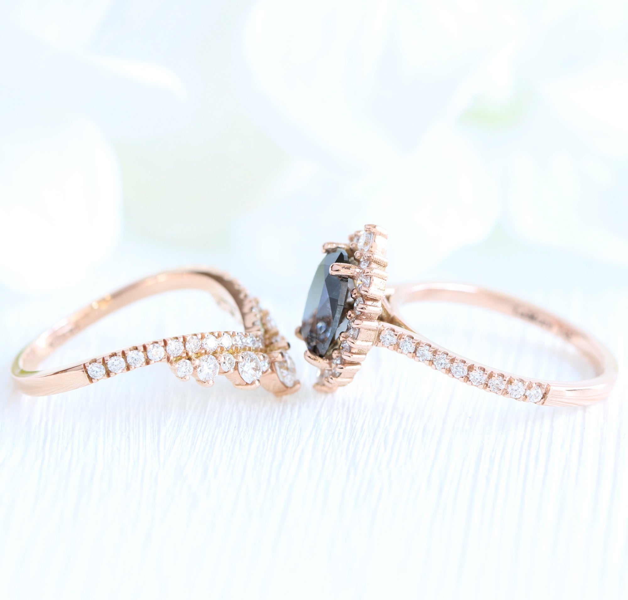 Large black diamond halo ring rose gold v shaped diamond wedding ring stack la more design jewelry