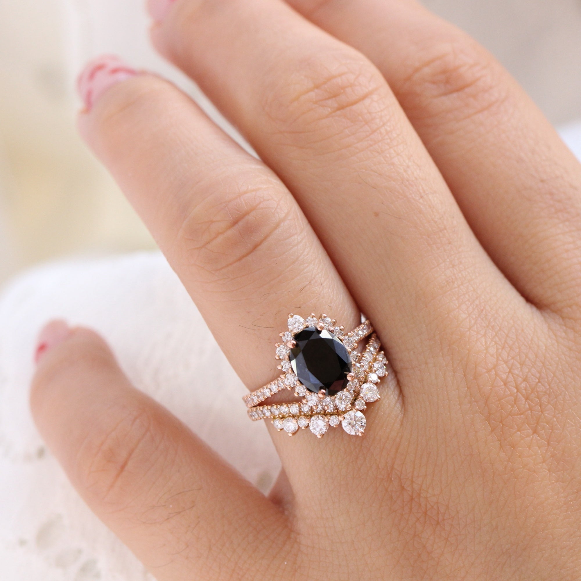 Large black diamond halo ring rose gold v shaped diamond wedding ring stack la more design jewelry