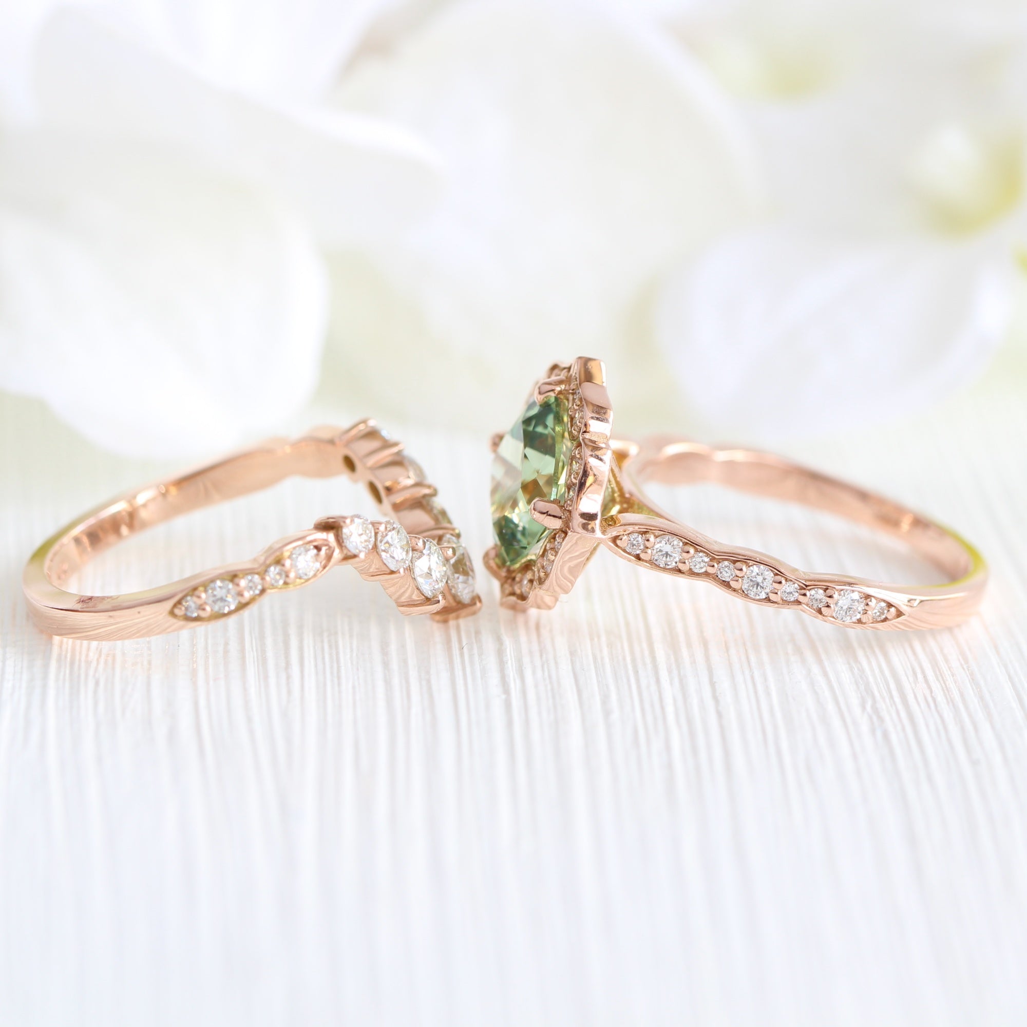 Large cushion green sapphire ring rose gold deep curved diamond wedding band la more design jewelry
