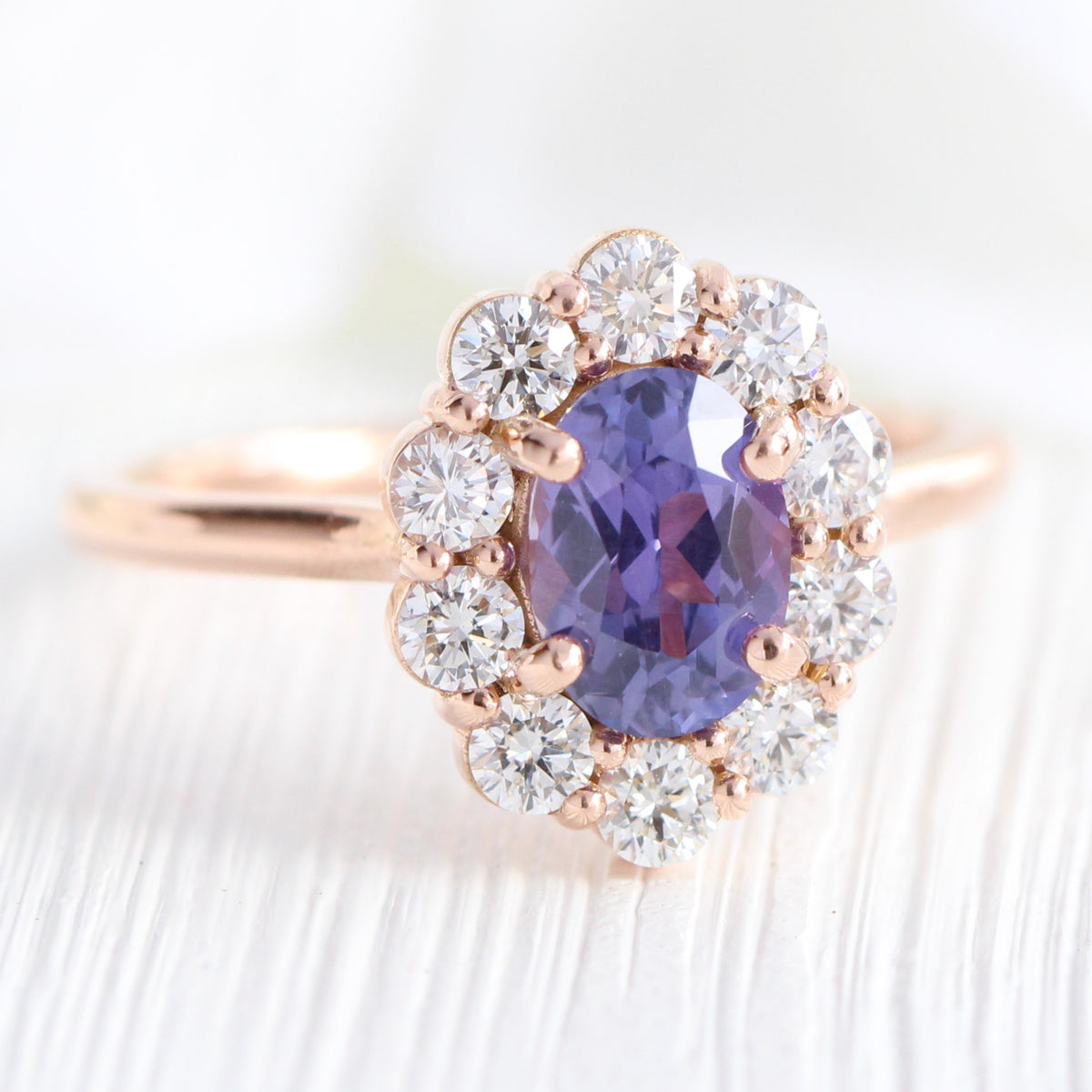 Large diamond purple sapphire ring rose gold halo cluster engagement ring la more design jewelry