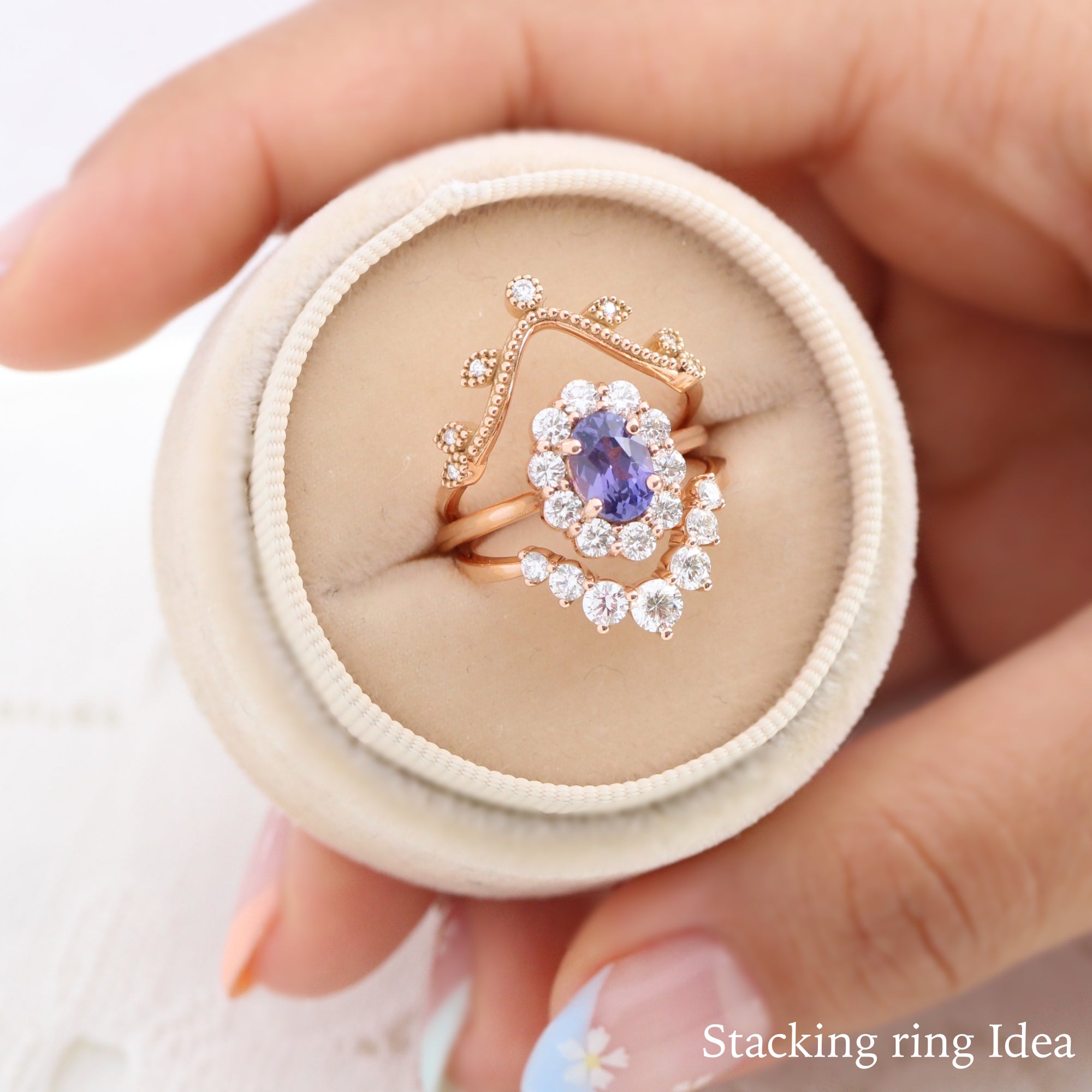 Large diamond purple sapphire ring rose gold halo cluster engagement ring la more design jewelry