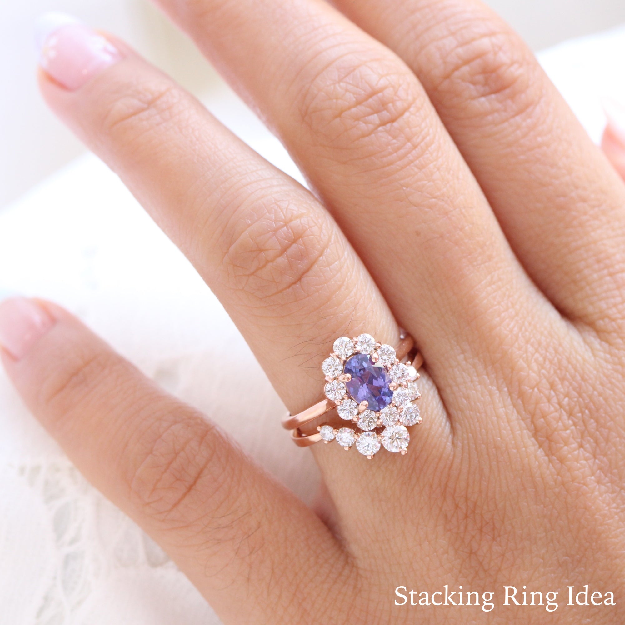 Large diamond purple sapphire ring rose gold halo cluster engagement ring la more design jewelry